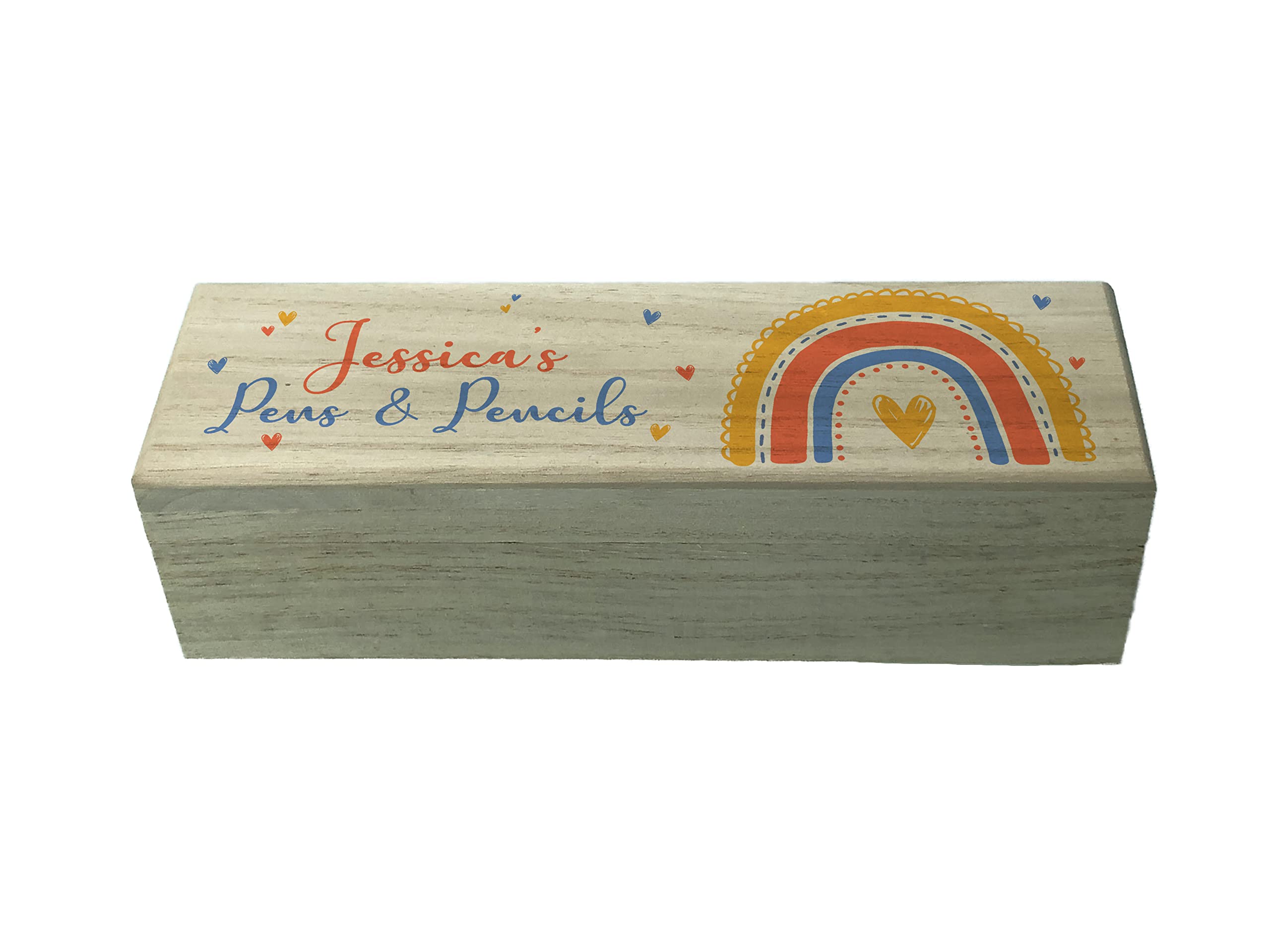 Rainbow Personalised Wooden Box Name on Lid Pencil Case School Stationary Gift