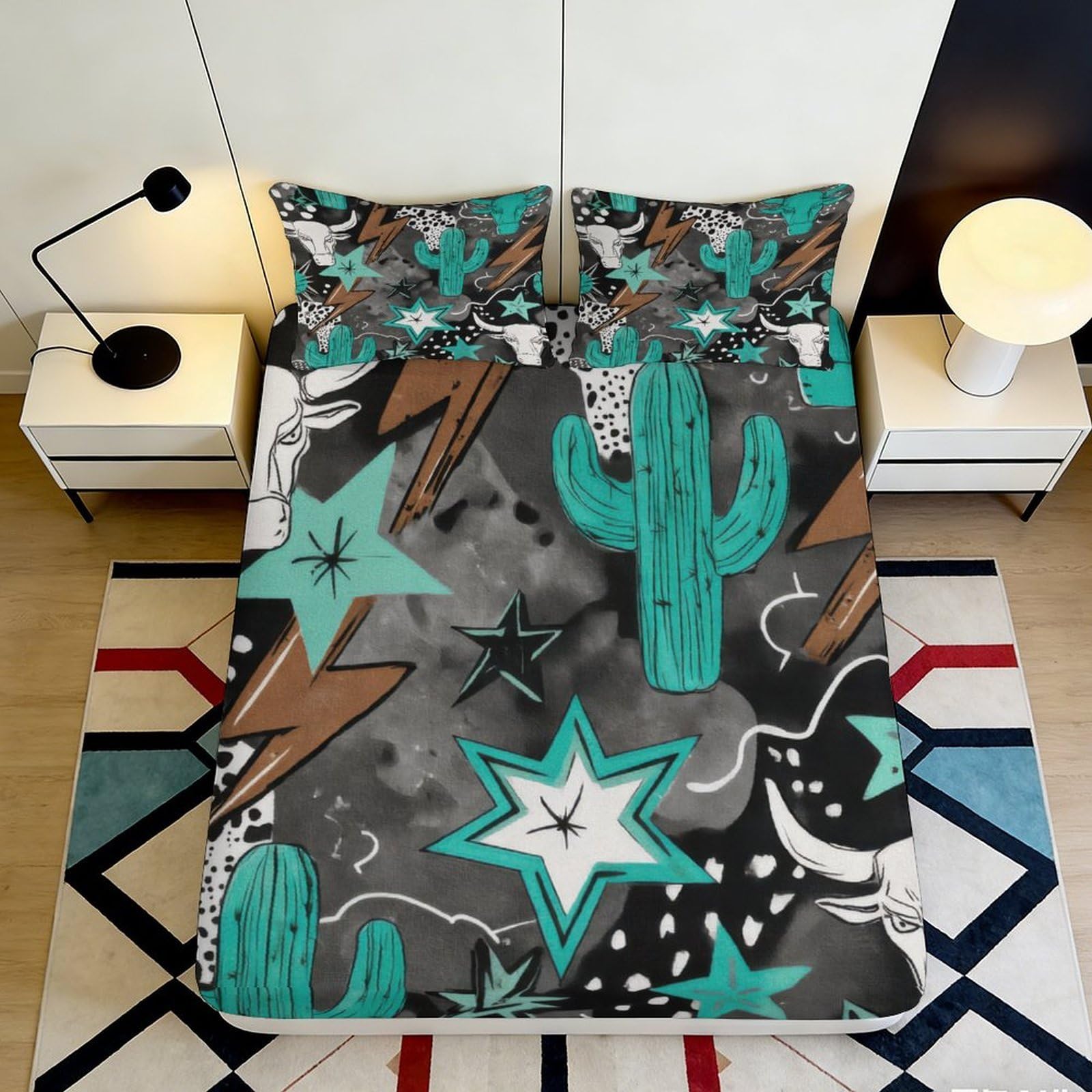3D Printed Cactus Star Fitted Sheet Microfiber Soft Breathable Western Cow Skull Mattress Cover Bedroom Decor 90x200x25cm