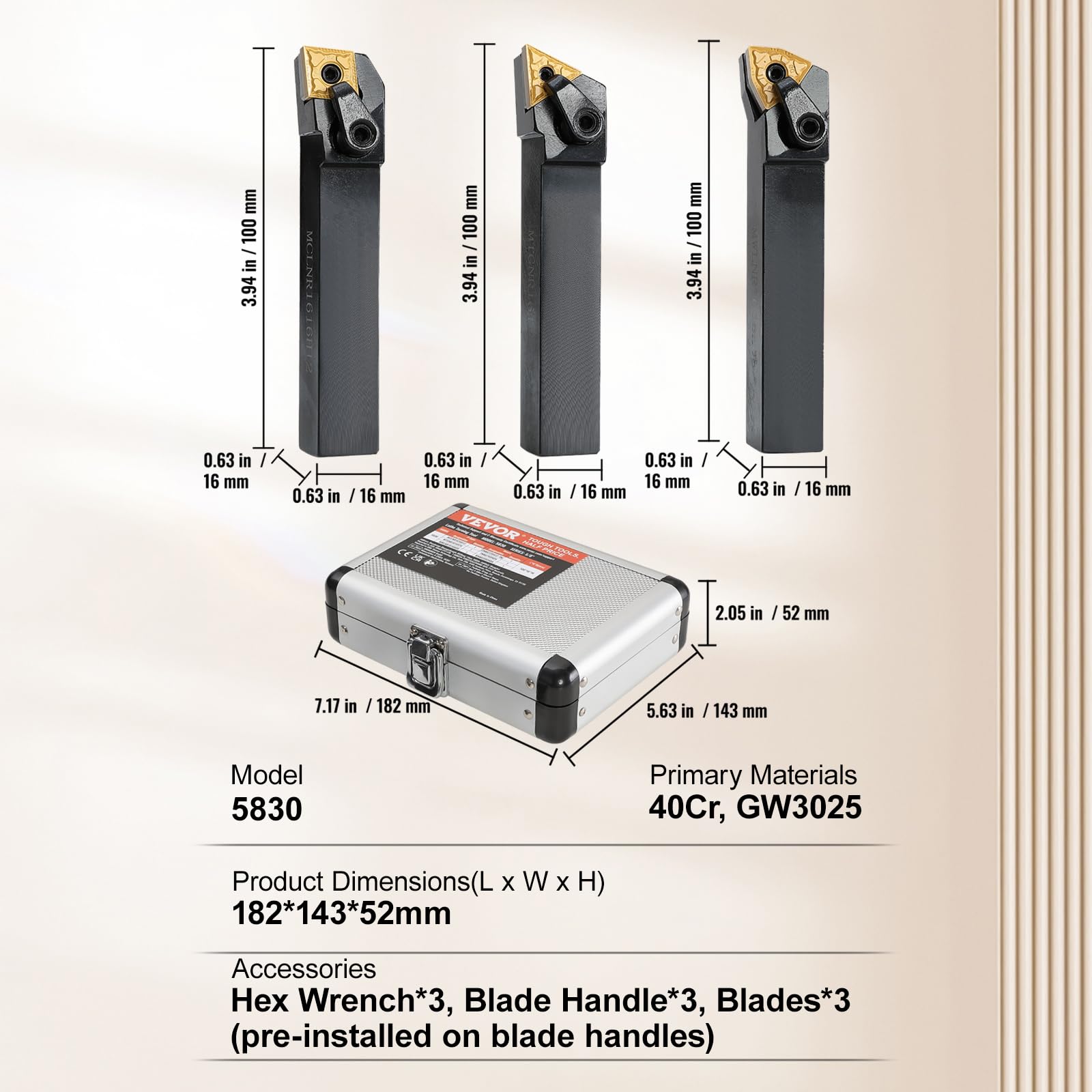 VEVOR Torno Herramienta de torneado 4 PCS Portaherramientas de Torno de Metal CNC 5/8" con Inserciones de Carburo Estañado Caja de Almacenamiento Kit de Herramientas para Tornear Ranurado