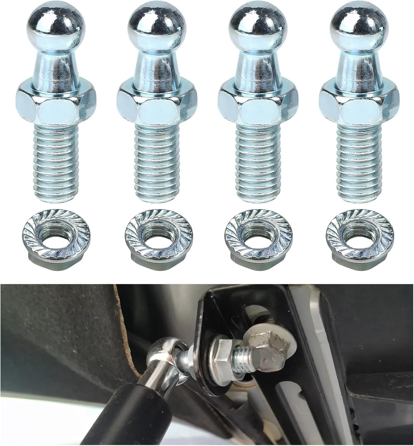 4 PCS 10mm Ball Stud with Hardware Nuts, 5/16"-18 Thread 9/16" Long Shank Gas Strut Stud Replacement, Ball Ended Gas Spring Strut End Fitting for Bonnet Lift Support (White)