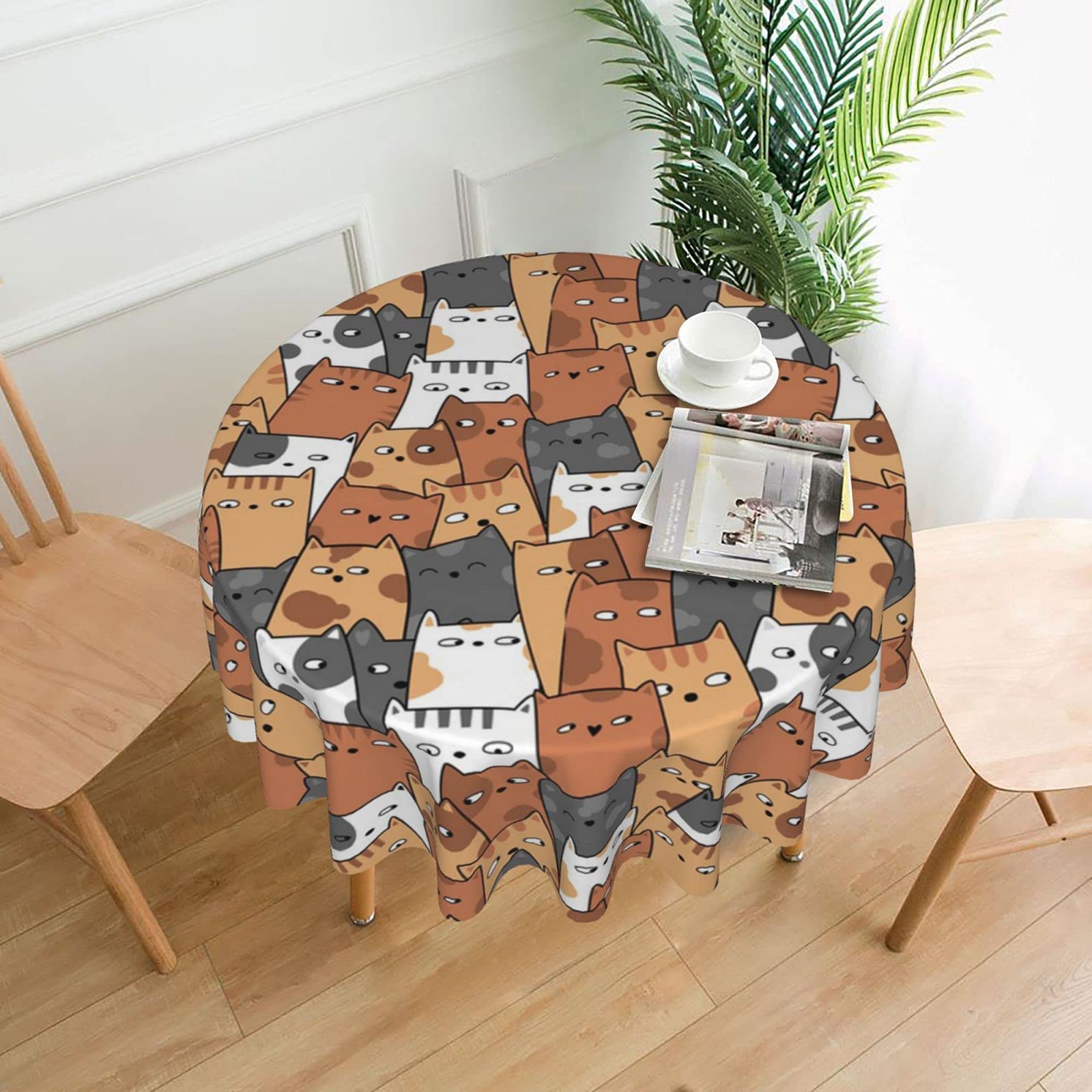 Nappe ronde en polyester lavable motif chats oranges pour table de buffet fêtes pique-niques 152cm