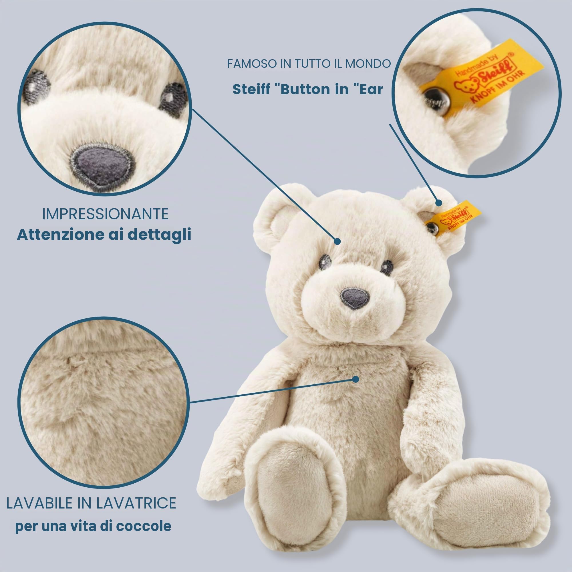 Steiff Bearzy Orsacchiotto beige, 28 cm, peluche orsacchiotto in peluche, per coccolare e giocare per neonati e bambini, Soft Cuddly Friends, peluche per la pelle delicata dei bambini, lavabile in
