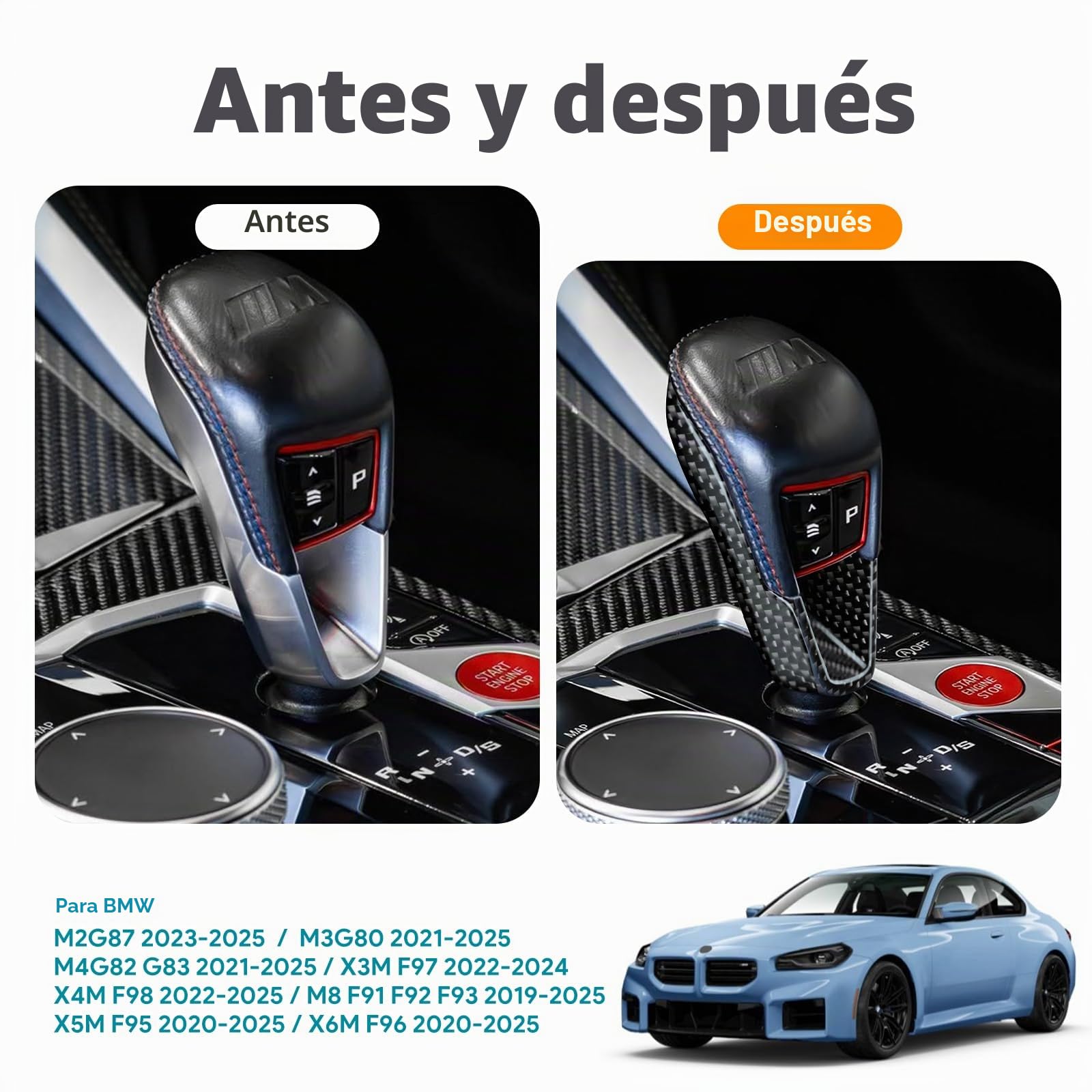 KUNGKIC Cubierta de fibra de carbono para palanca de cambios de coche para BMW M2 G87 M3 G80 M4 G82 G83 X3M F97 X4M F98 M8 F91 F92 F93 X5M F95 X6M F96 2021-2025 Accesorios Pomos para palanca de cambio