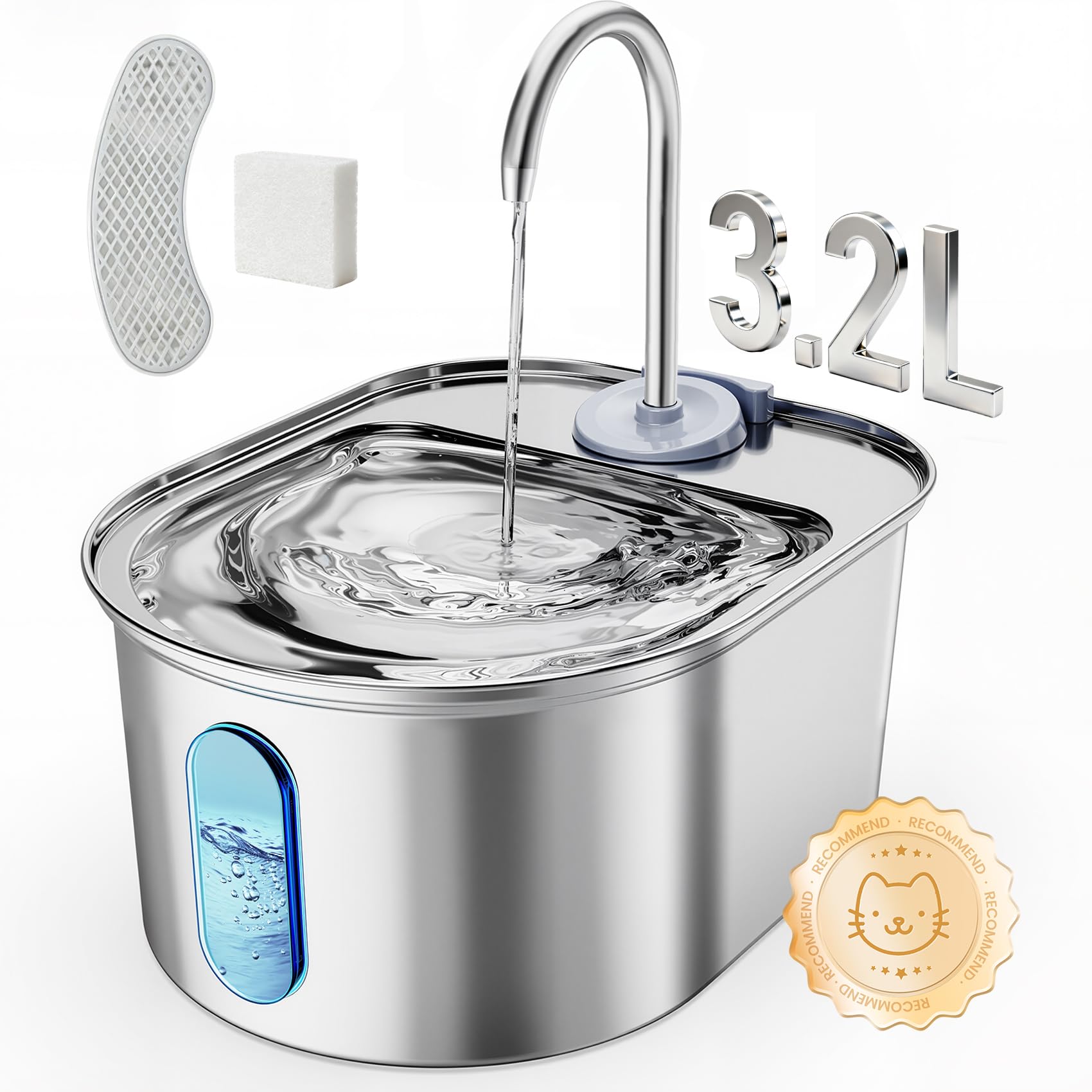 Stainless Steel Cat Water Fountain, 108oz/3.2L Automatic Pet Water Dispenser with Ultra-Quiet Pump, Safe Auto Shut-Off & Water Level Window for Cats and Dogs Indoors - Includes 1 Filter