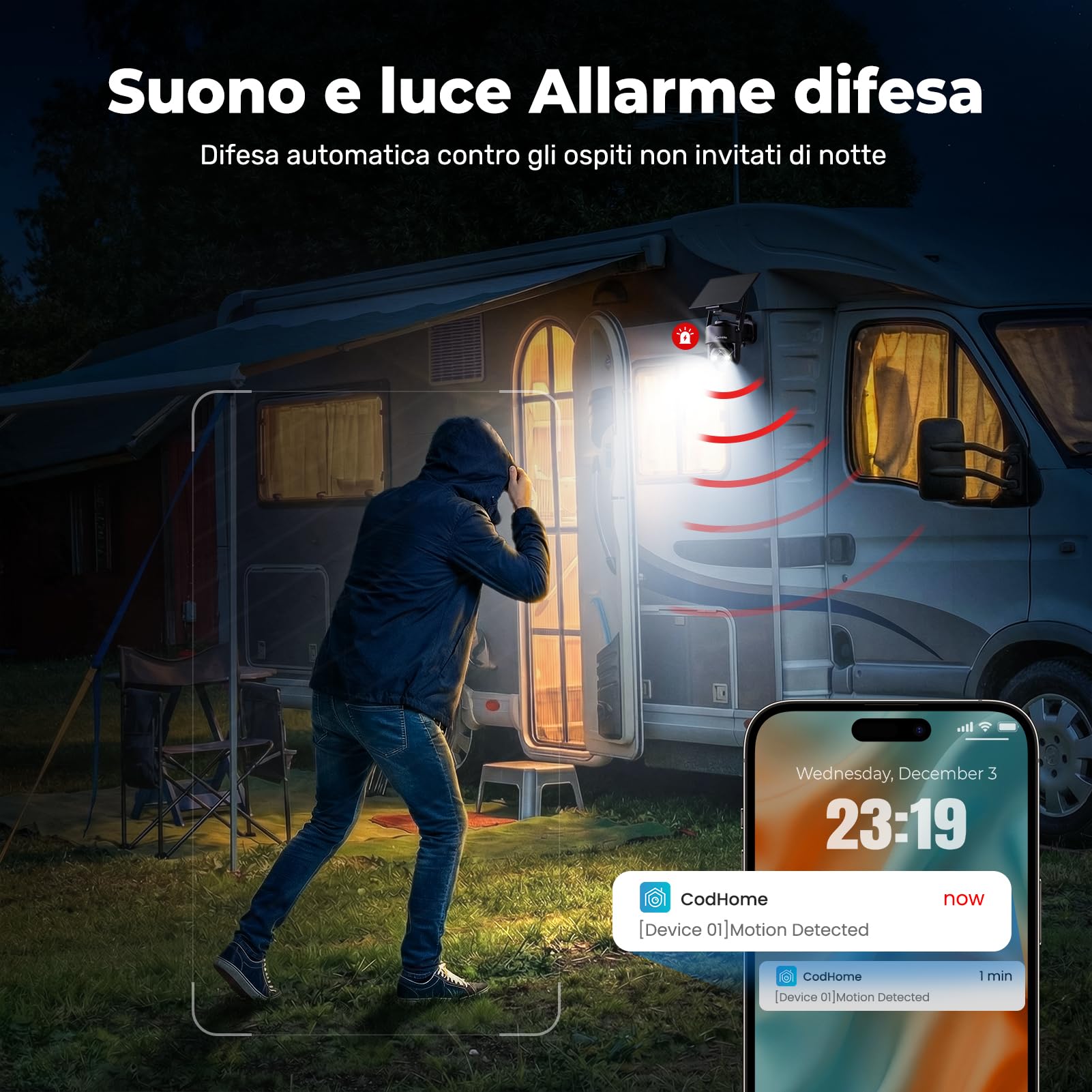 Codnida 4G Telecamera Esterno con Pannello Solare, 2K Telecamera Sanza Fili con Scheda Sim, 355° PTZ Videocamera Sorveglianza, Audio Bidirezionale, Rilevamento del Movimento, Visione Notturna a Colori