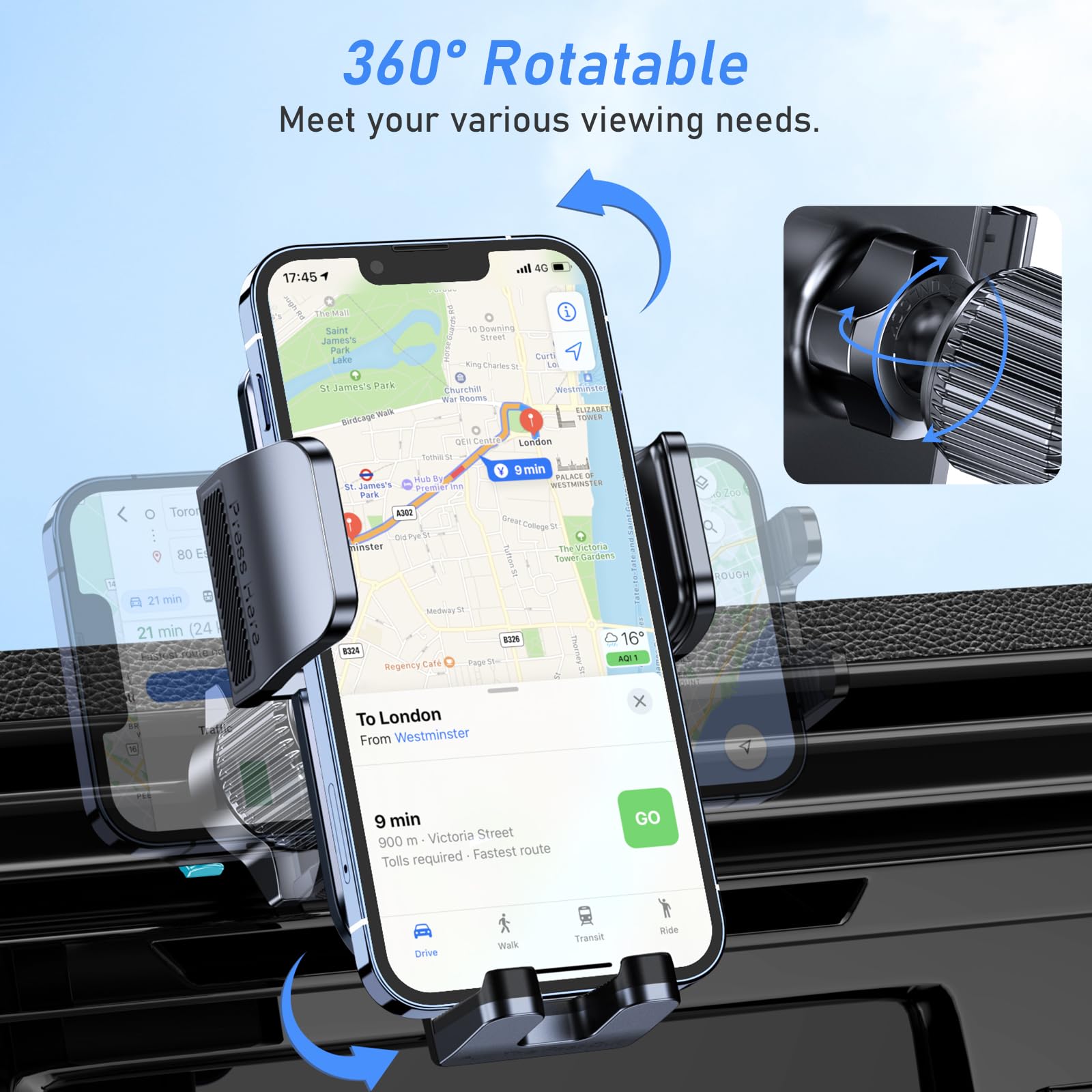 Blukar Support Téléphone Voiture, Support Grille d'aération Porte Téléphone Voiture Ventilation [Clip Amélioré&Rotation 360°& Un Bouton de Libération] Compatible avec Smartphone/GPS 4,0''-7,0''
