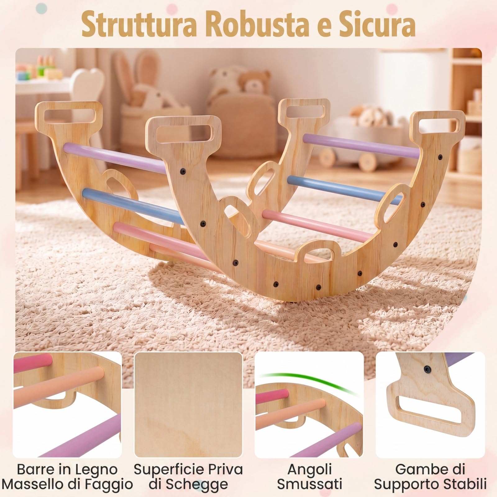 COSTWAY Arco da Arrampicata Bambini, Giocattolo da Arrampicata Versatile in Legno Massello, Cuscino Morbido, Altalena ad Arco Educativa con 10 Maniglie per Bambini 3+ Anni (Multicolore)