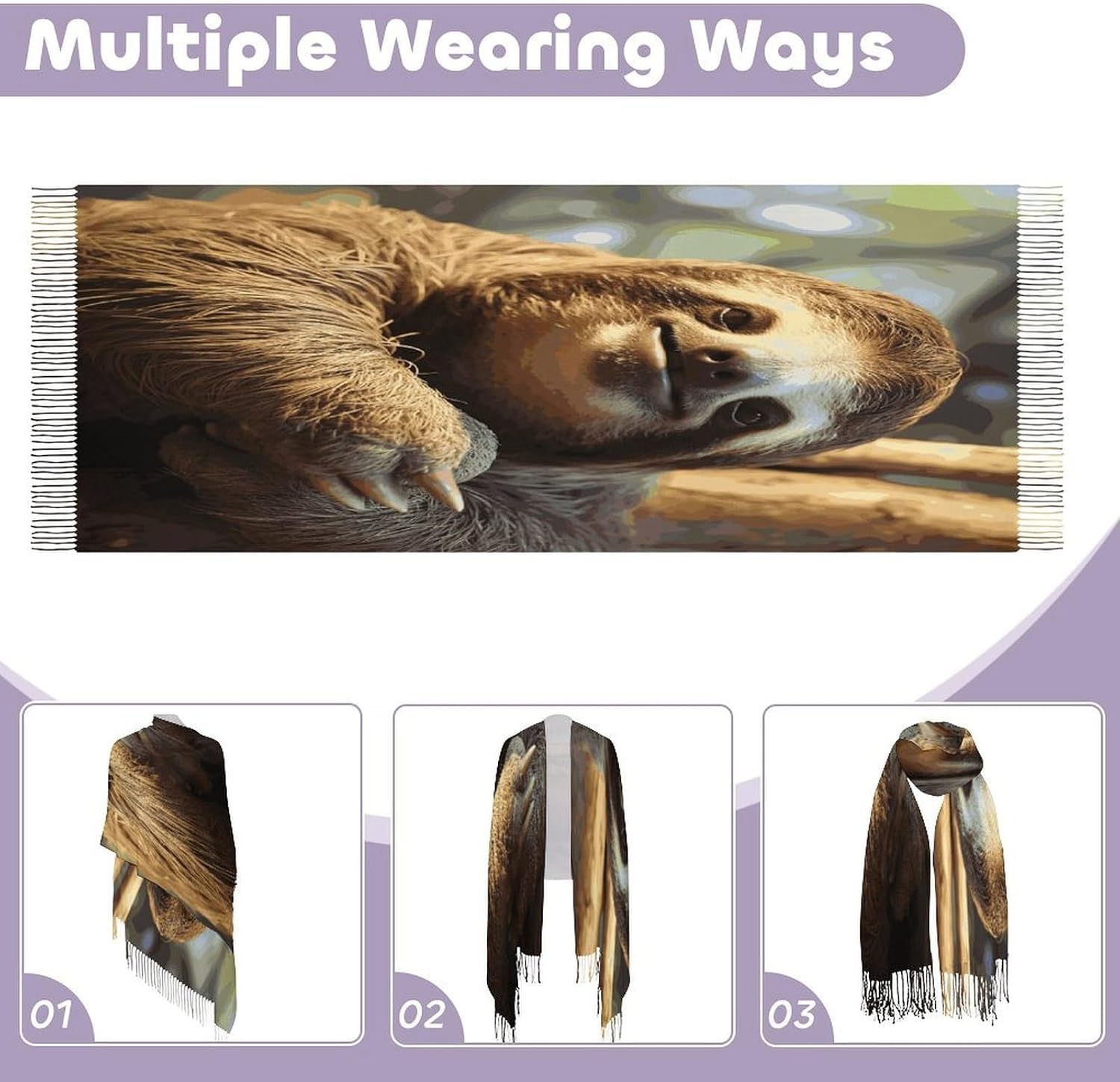 Funny Sloth Winter Scarf for Women Soft Tassel Scarves Oversized Wraps Long Shawl Cold Weather Thick Blanket Scarfs