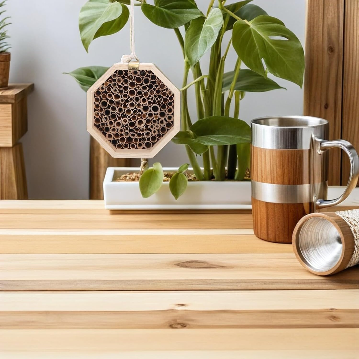 Wooden Insect Hotel Bee House for Garden Outdoor with Natural Wood Material Suitable for Butterflies Mason Bees and Pollinators Outdoor Shelter