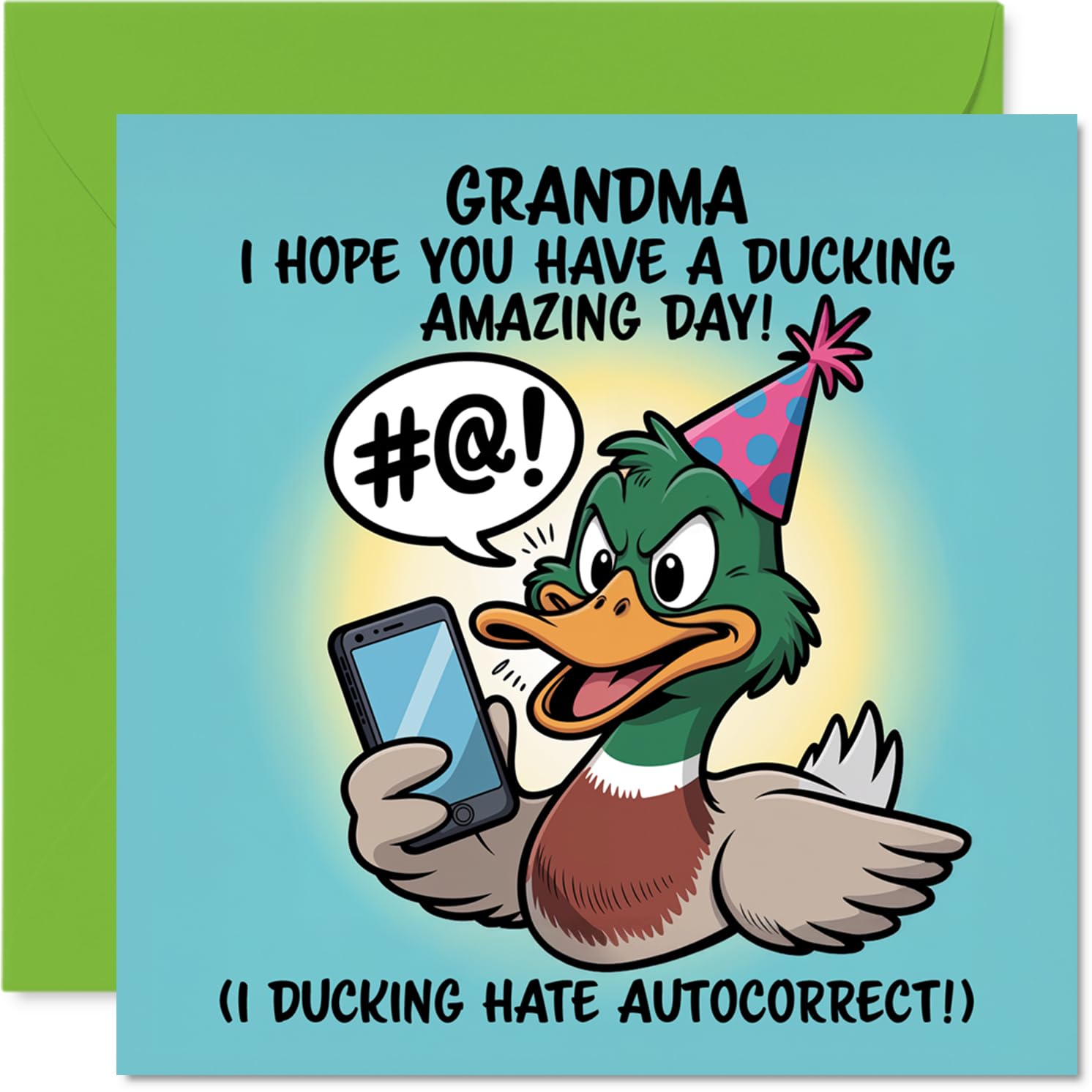 Grandma Birthday Card - Ducking Amazing - Happy Birthday Card for Grandma from Grandson Granddaughter, 145mm Autocorrect Joke, Cartoon Duck with Phone Bday Greeting Cards