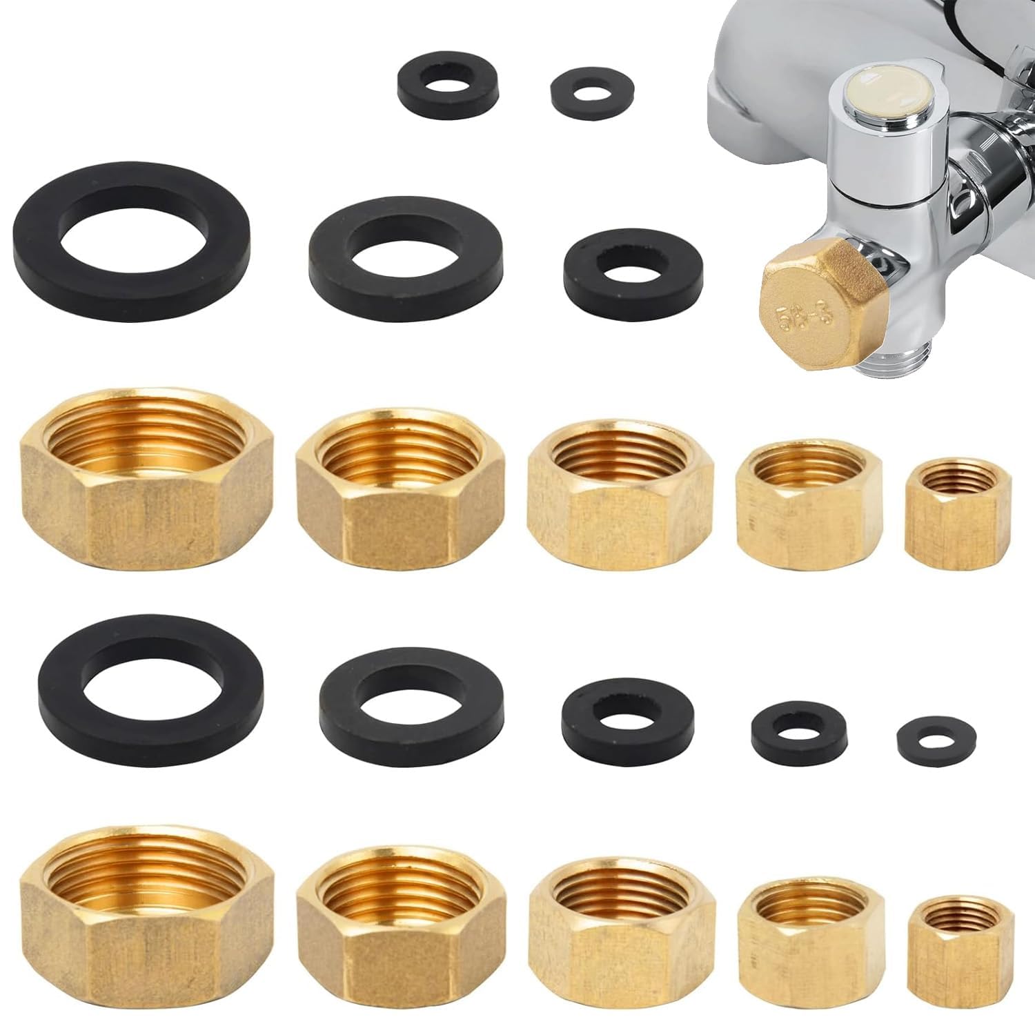 10 Pcs Radiator Valve Caps, Brass Blanking Cap Set, Leak-Proof Plumbing Fittings with Washers, 1/8 1/4 3/8 1/2 3/4 Full Size Radiator Blanking Caps for Radiators, Pipes, TRV Valves & DIY Repairs