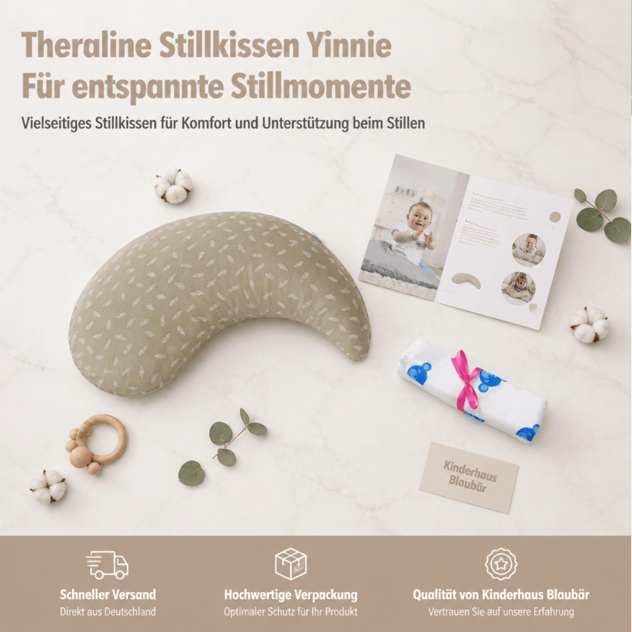 Set Theraline Stillkissen Yinnie & Spucktuch Blaubär | Schmuse- und Lesekissen 135 cm x 35 cm | Bauchstützkissen mit sandfeinen Perlen | Schmusekissen inkl. Außenbezug