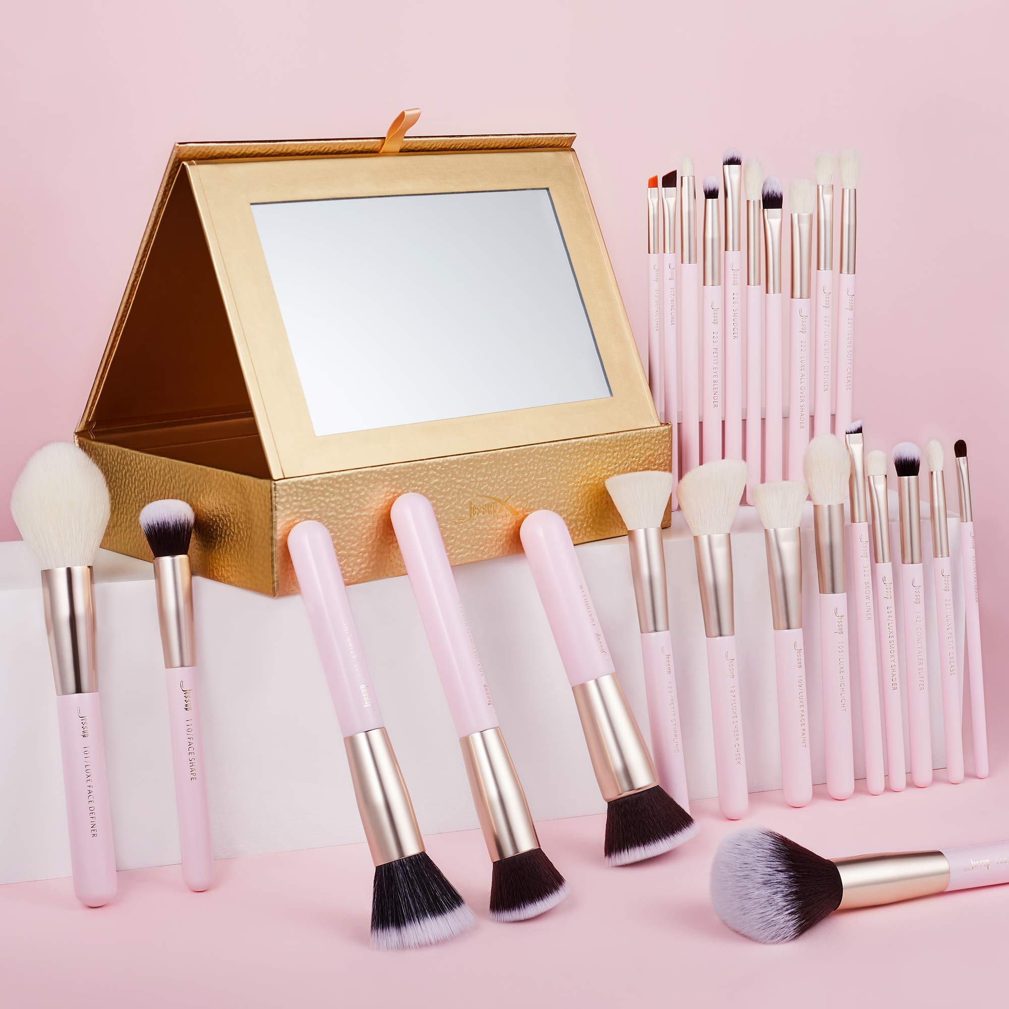 Jessup Lot de 25 pinceaux de maquillage professionnels pour fard à paupières, poudre, fond de teint, blush, anti-cernes avec boîte de rangement pour produits cosmétiques, Blushing Bride T295