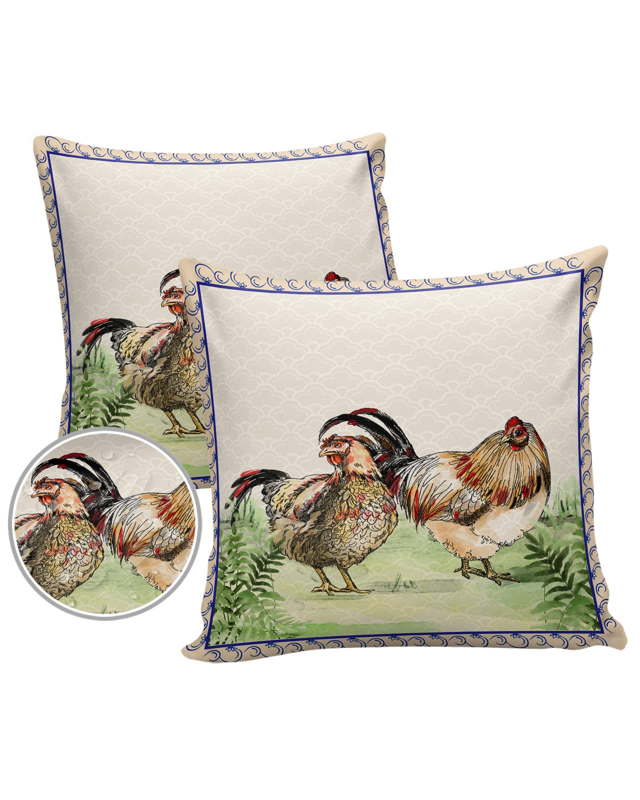 Outdoor Throw Pillow Covers 16x16 Waterproof Farm Animal Chicken Grassland Outdoor Pillows Decorative Pillow Covers Cushion Covers Pillowcase for Tent Patio Garden Couch Set of 2, Vintage Ink Art