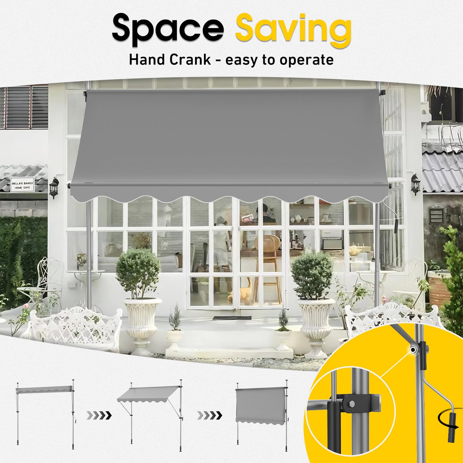 Klemmmarkise 250cm Breit Balkonmarkise mit Handkurbel Sonnenschutz ohne Bohren, UV-beständig & wasserdicht, Höhenverstellbare Markise für Balkon, Terrasse, Garten (Hellgrau‌,250x120cm)