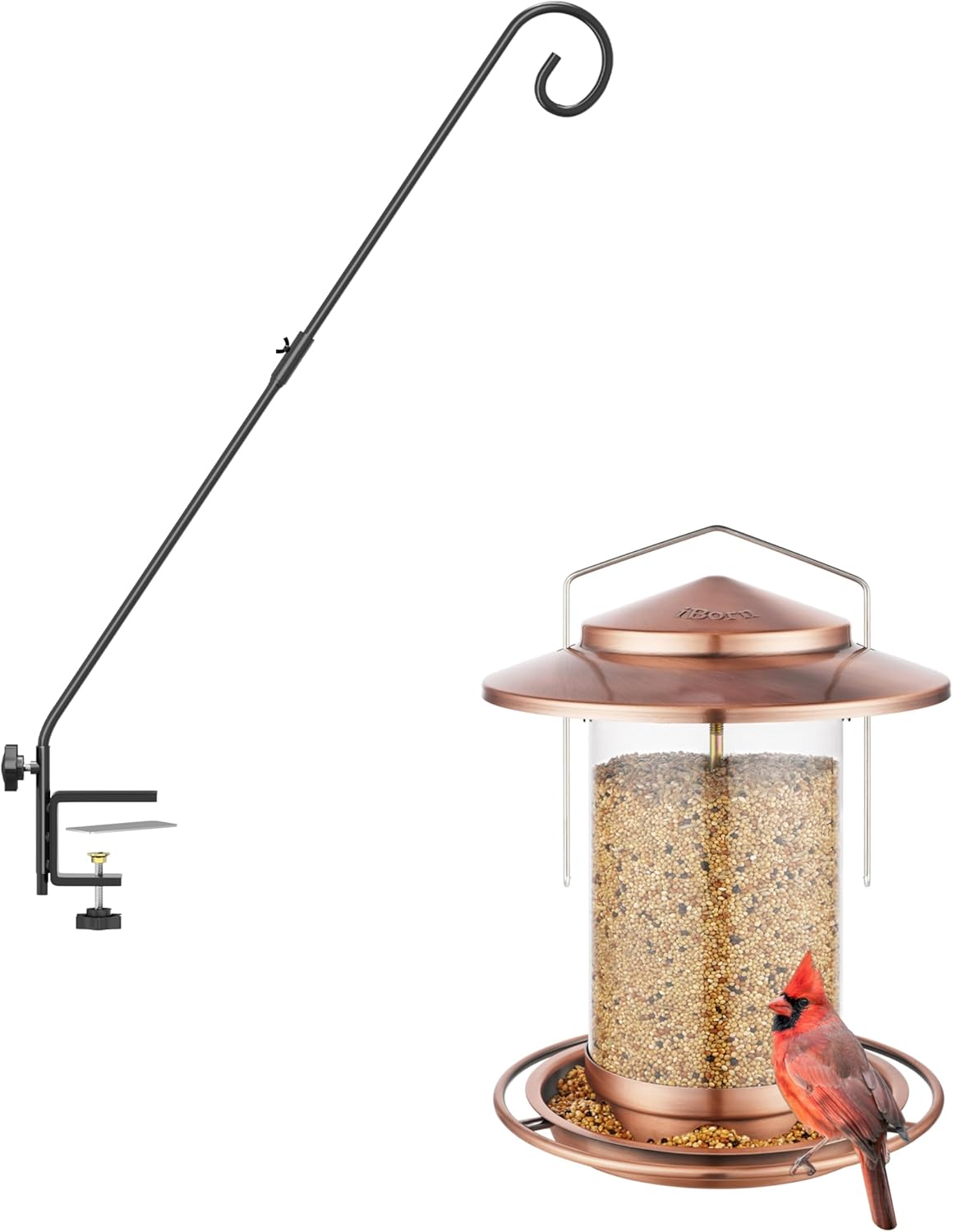 iBorn Deck Hook for Bird Feeder, 360° Rotatable Arm, 28 Inch, Pack of 1+ Metal Bird Feeder, 6 Port, 18cm Large Roof, Brushed Copper