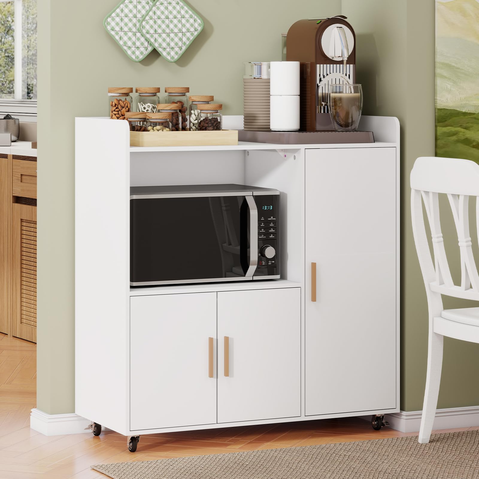 YU YUSING Carrello Cucina con Ripiano Aperto, Mobile Microonde con 4 Ruote