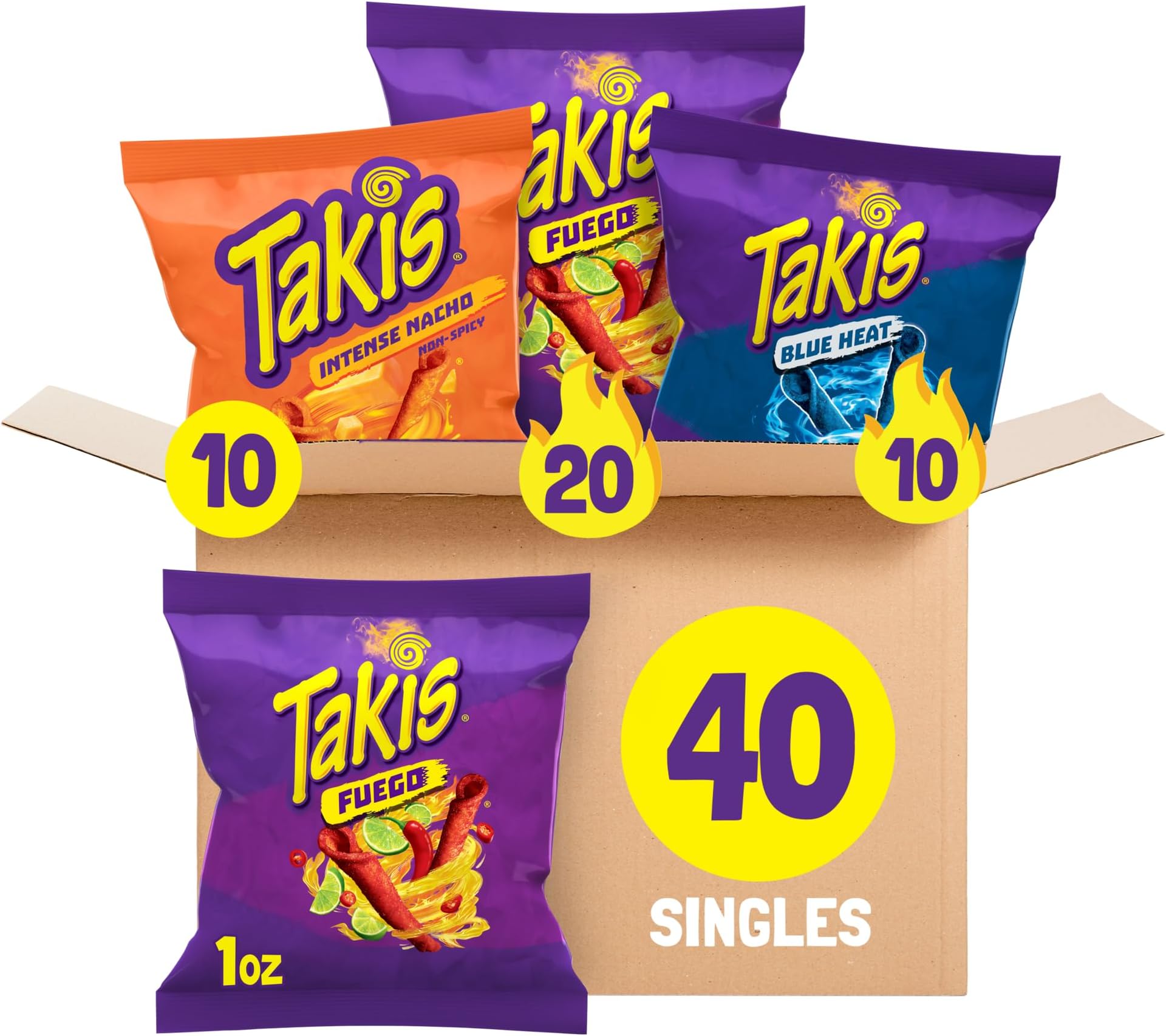 Takis 40 pc / 1 oz Hero Variety Pack, Assorted Flavored Mixed Rolled Tortilla Chips – (20) Fuego 1 oz, (10) Blue Heat 1 oz, (10) Intense Nacho 1 oz
