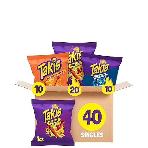 Takis 40 piezas  1oz Paquete de Variedad Hero - Nachos enrollados con sabor Fuego, Blue Heat e Intenso Nacho - (20) Fuego, (10) Blue Heat, (10)