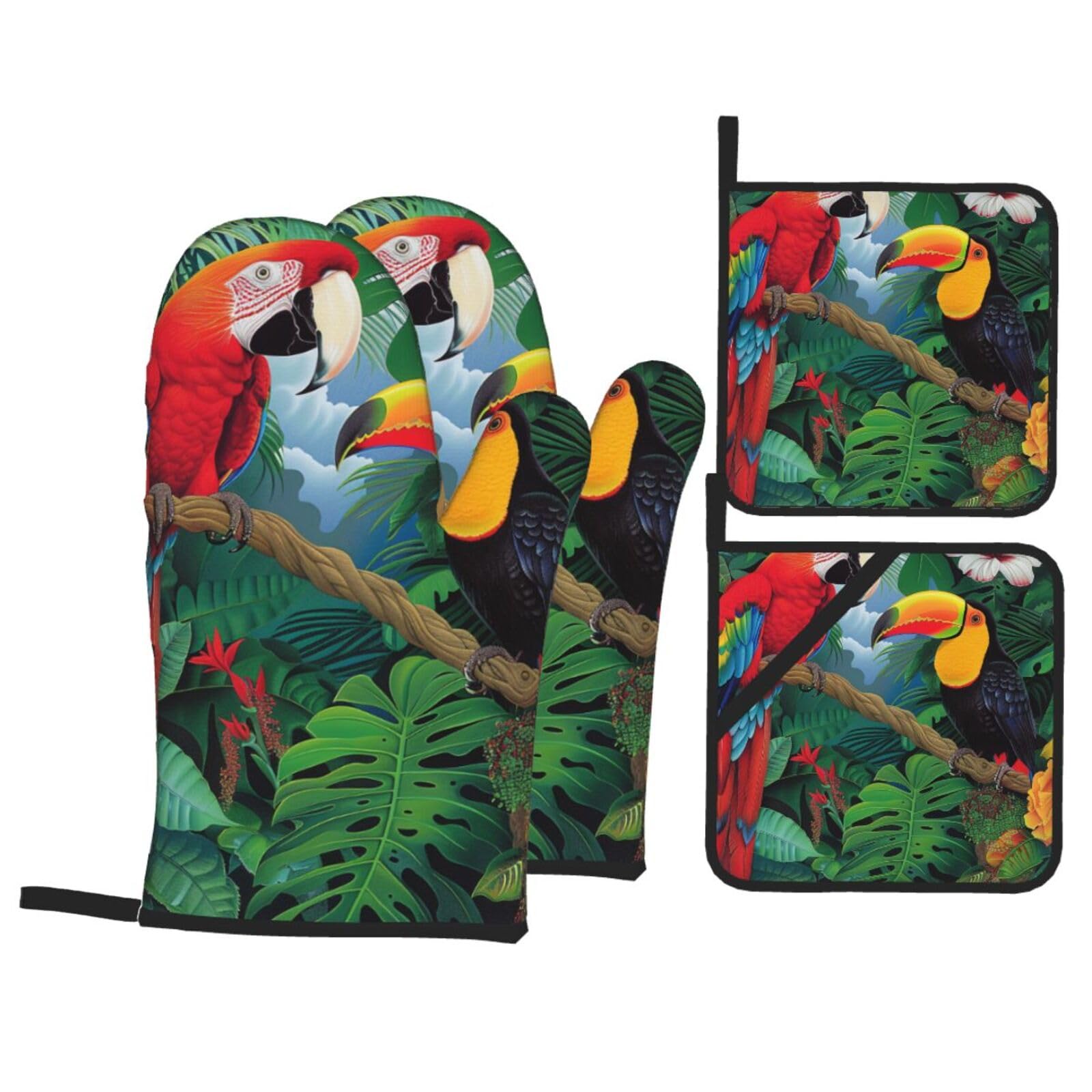 Bnvsadc Macaw And Toucan Perching Printed Oven Gloves Potholders Set 4 Pcs Heat-Resistant Oven Mitts & Hot Pads For Cooking Baking Grilling Bbq Gift