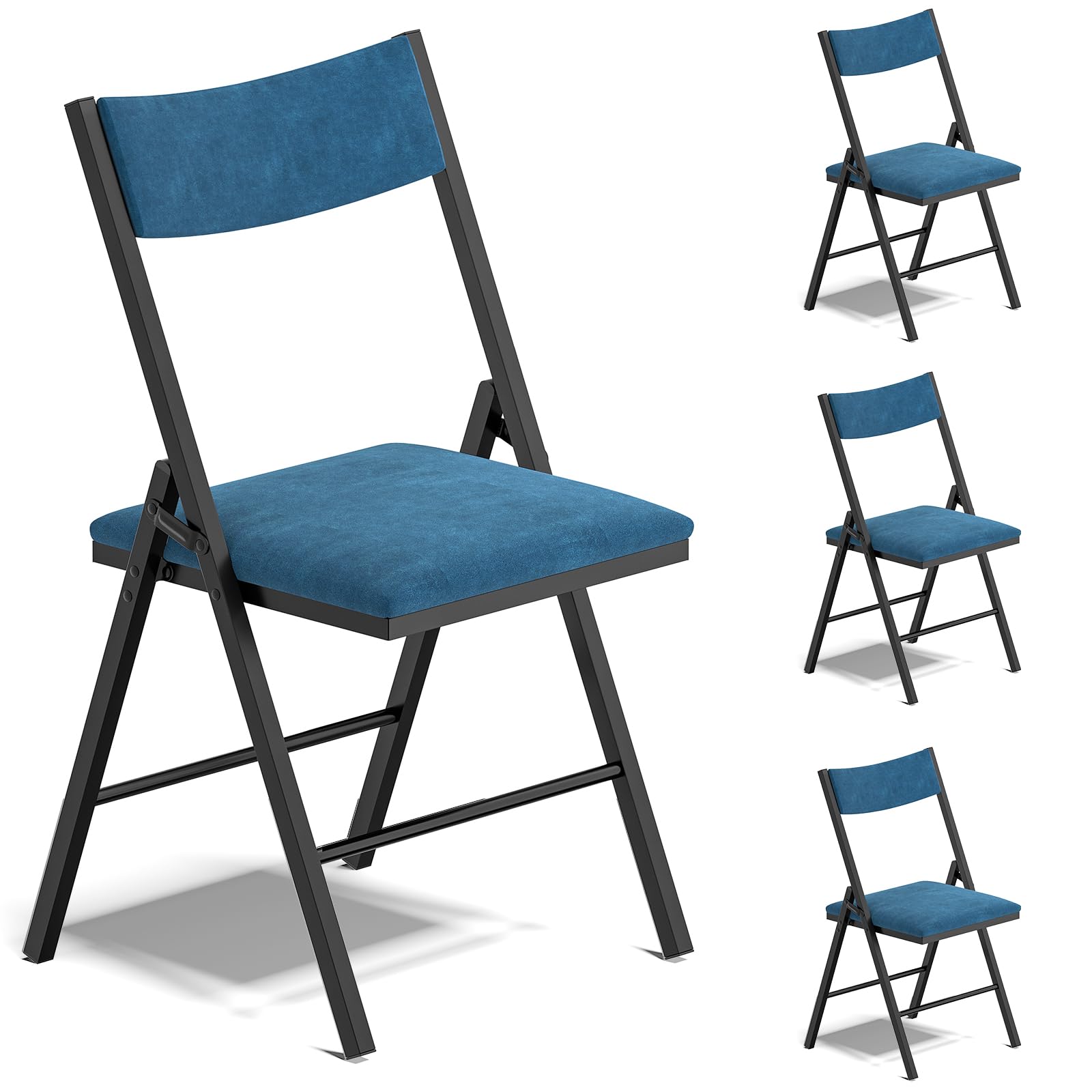 Set di 4 sedie pieghevoli, imbottita in velluto, portata fino a 200 kg, in stile retrò, molto resistenti con robusto telaio, per Giardino, Esterno, Campeggio, Balcone, Interni, Ufficio, Feste ,Blu