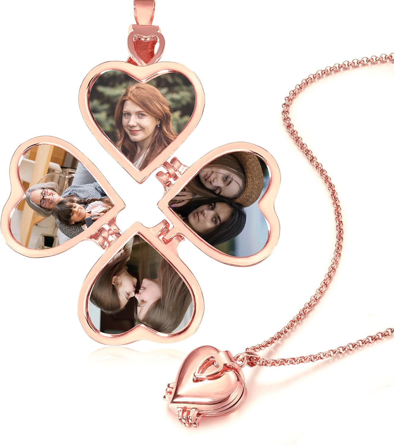Personalized Heart Locket Necklace Hold 2/4 Photos Inside Custom Gold Plated/Silver Heart Expandable Four Leaf Clover Pendant for Women Vintage Necklace for Mother