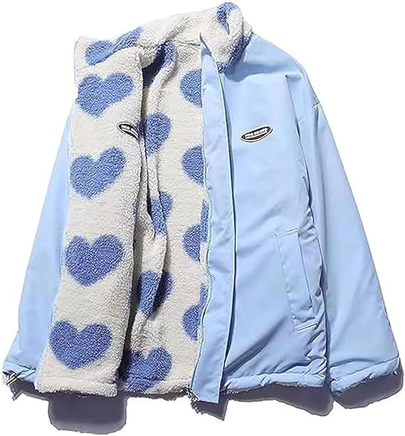GOZYLA Women's Fleece Zip Up Jackets Reversible Kawaii Heart Print