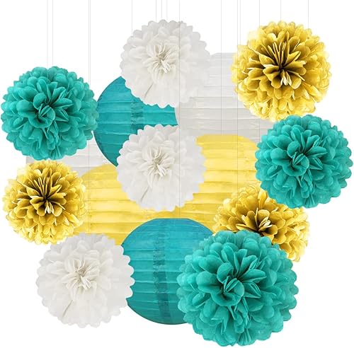 Decoraciones de fiesta de oro blanco y verde azulado  15 piezas de papel de seda flores pompones faroles de papel para mujeres, decoración de fiesta
