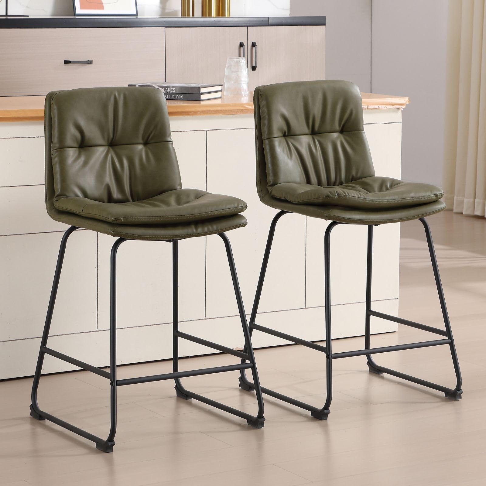 Chairus Lot de 2 Tabourets de Bar Vert en Cuir PU avec Coussins Doubles pour Cuisine