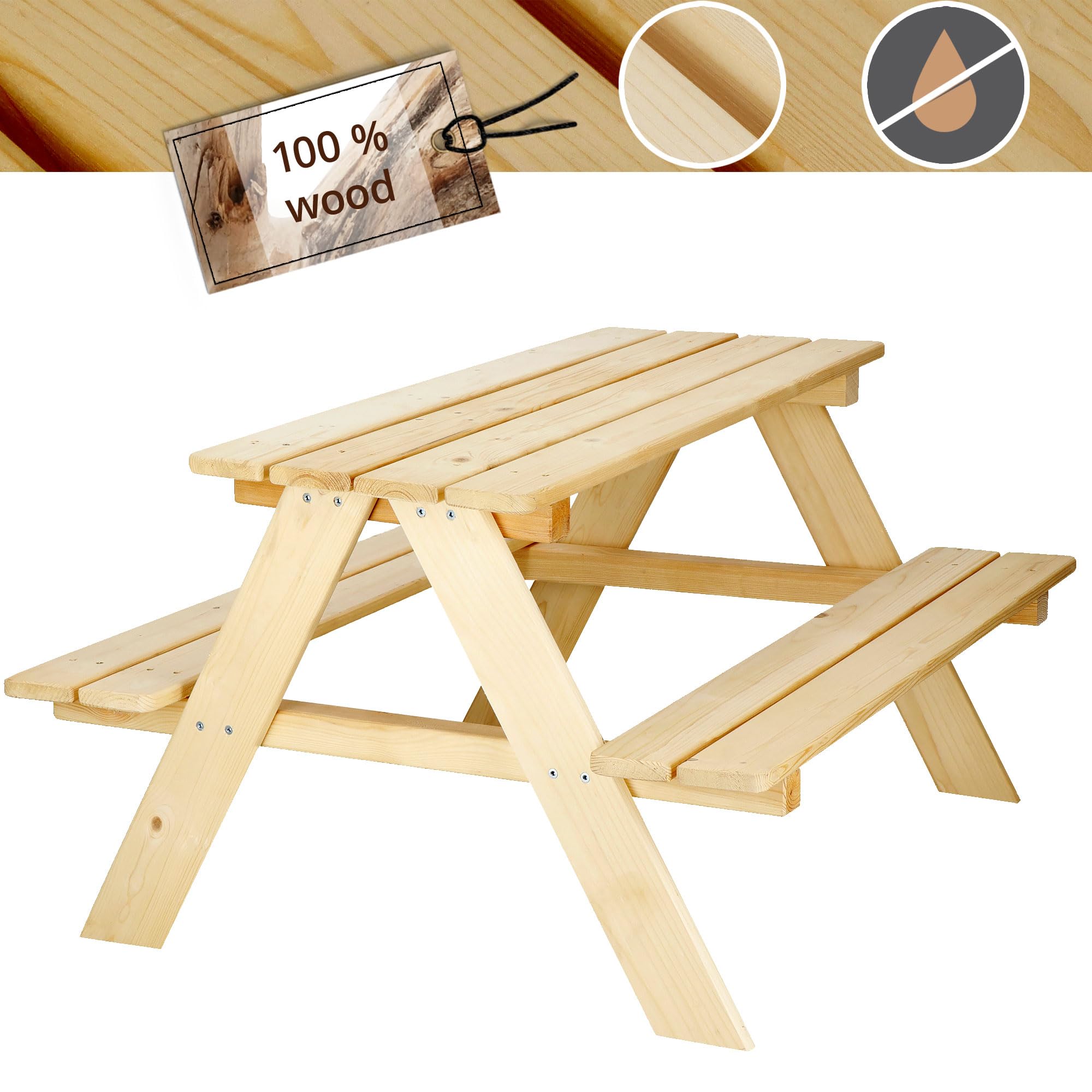 SPRINGOS Mesa de jardín 2 en 1 para niños, mesa de picnic 90 x 79 x 50 cm de madera maciza