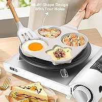 Vista 5 de 4 Cup Egg Frying Pan, Easy Breakfast Egg Pancake Burger Cooker, Aluminium Alloy Nonstick Frying Pot with Portable Wood Handle for Gas Stove &
