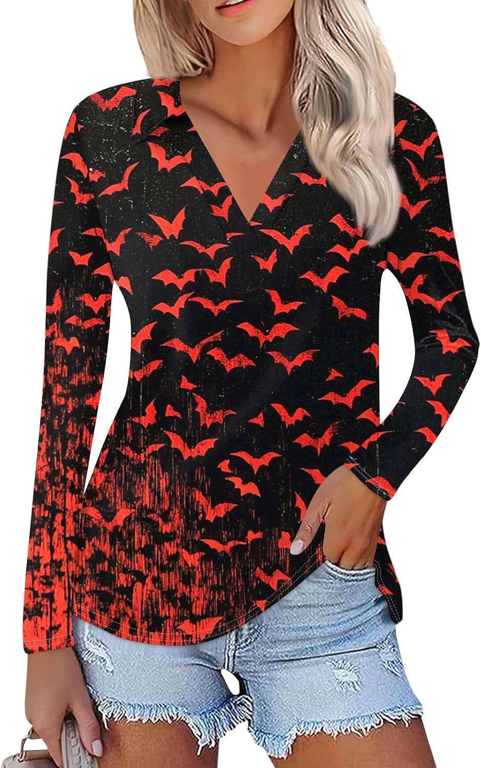 Women Halloween Fall Long Sleeve V Neck Graphic Cute T-Shirts | Womens Plus Size Cotton Tops, Long Sleeve Pattern Shirt, Tees for Women, Woman Clothing, Camisas De Vestir