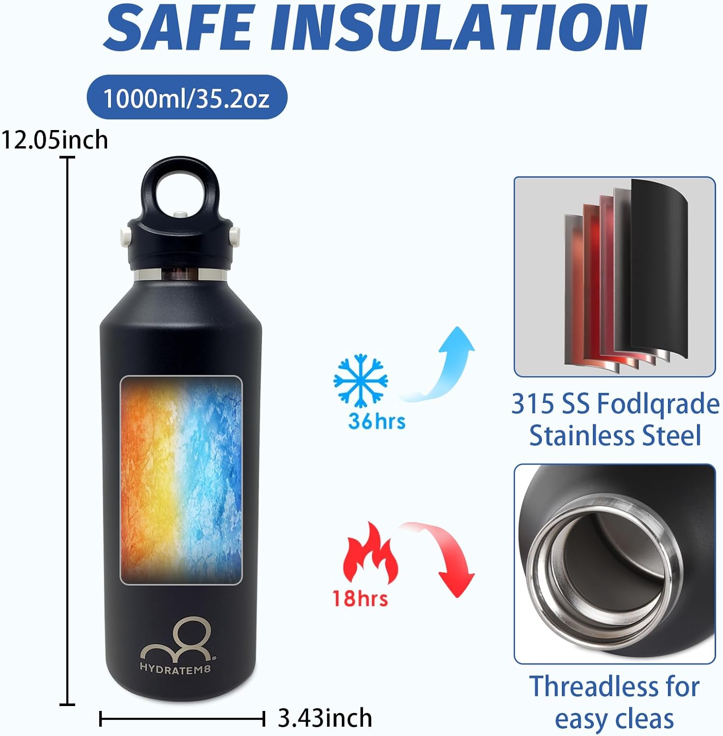 HYDRATEM8 34 oz Insulated Water Bottle: Twist-free Vacuum Stainless Steel Bottle with Leakproof Lid - Sweat-Proof & 36Hr Ice Retention - Anti-Scratch Coating Fit for Travel Gym Hiking