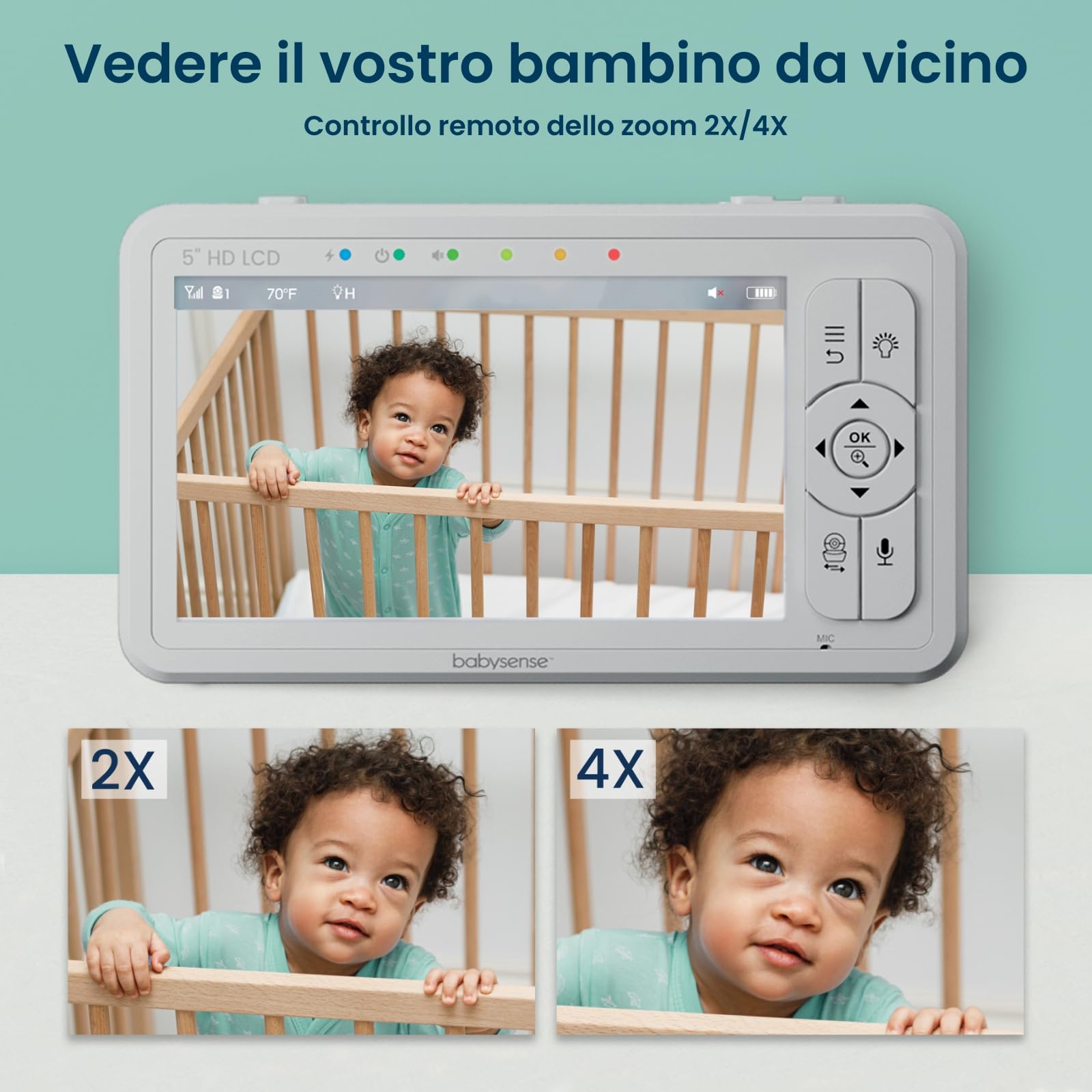 Babysense Baby Monitor Video e Audio HD da 5" con Schermo Split, Due Telecamere HD con Telecomando PTZ, Luce Notturna, Portata 300m, Audio Bidirezionale, Zoom 4X, Visione Notturna, Batteria Grande
