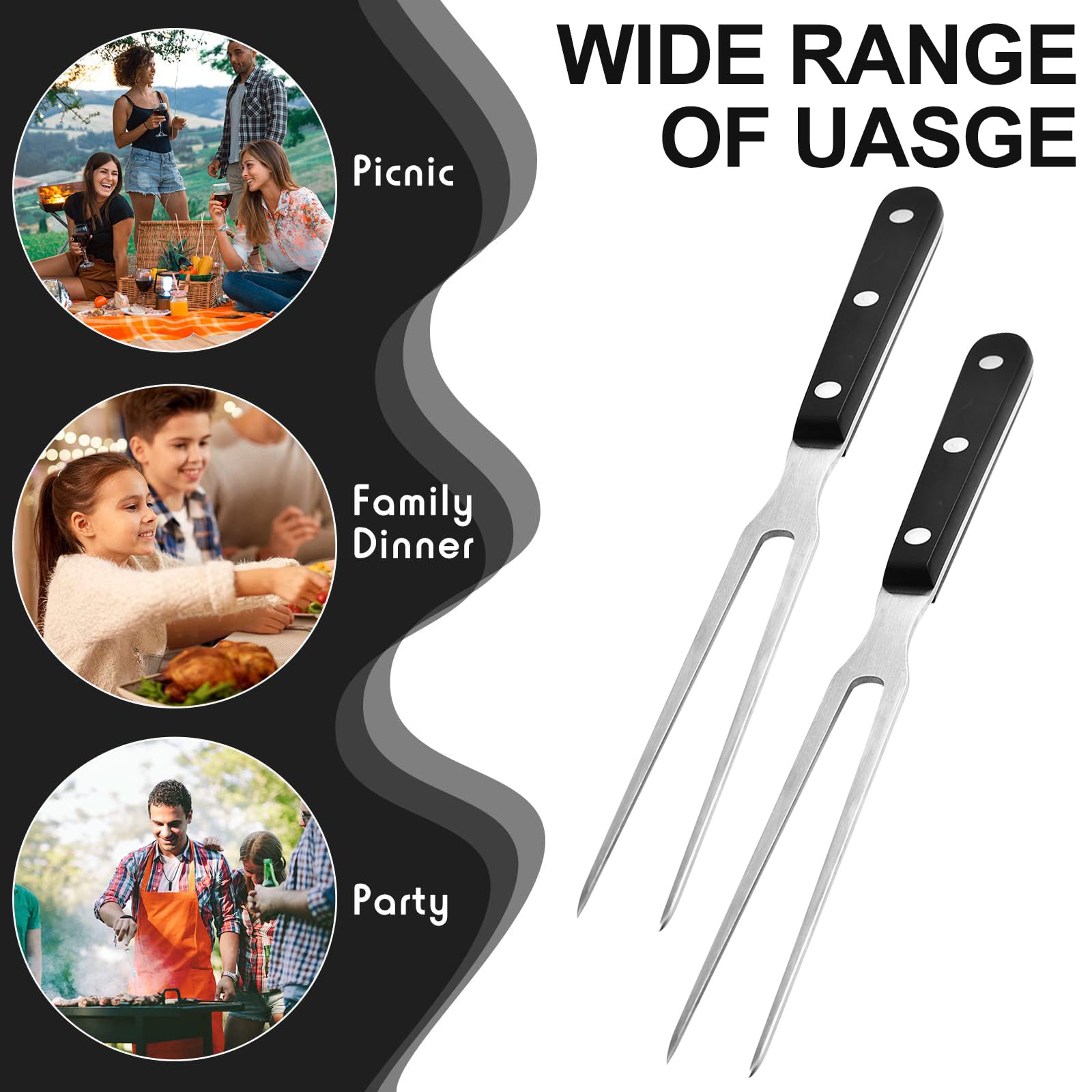 2 Pieza Tenedor de Carne con Mango, 29cm Tenedores de Acero Inoxidable, Tenedor de Carne con Mango de Plástico para Lavavajillas, Reutilizable, para Asar Pavo y Cenas (Negro)