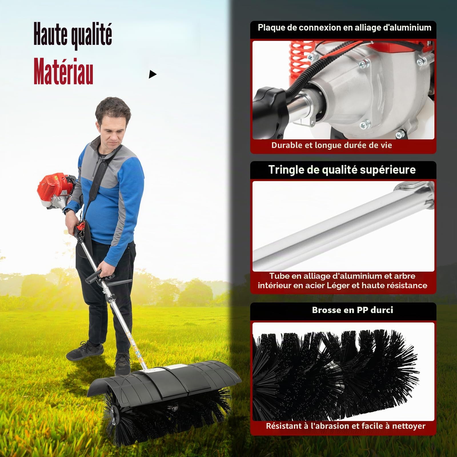 Balayeuse à essence 52CC 2.3HP Brosse à moteur à essence, balai à moteur manuel de 1,8M pour le nettoyage de gazon, feuilles, gazon artificiel, herbe et gravier