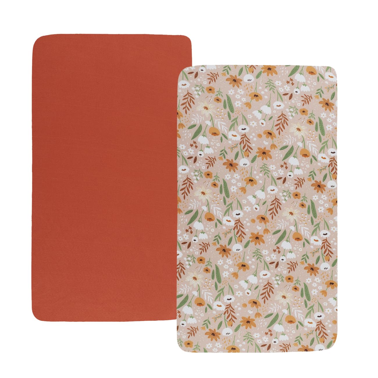 Stretchy Fitted Crib Sheets Set 2 Pack Portable Crib Mattress Topper for Baby Girl Boy,Ultra Soft Jersey Material, Orange &amp; Floral