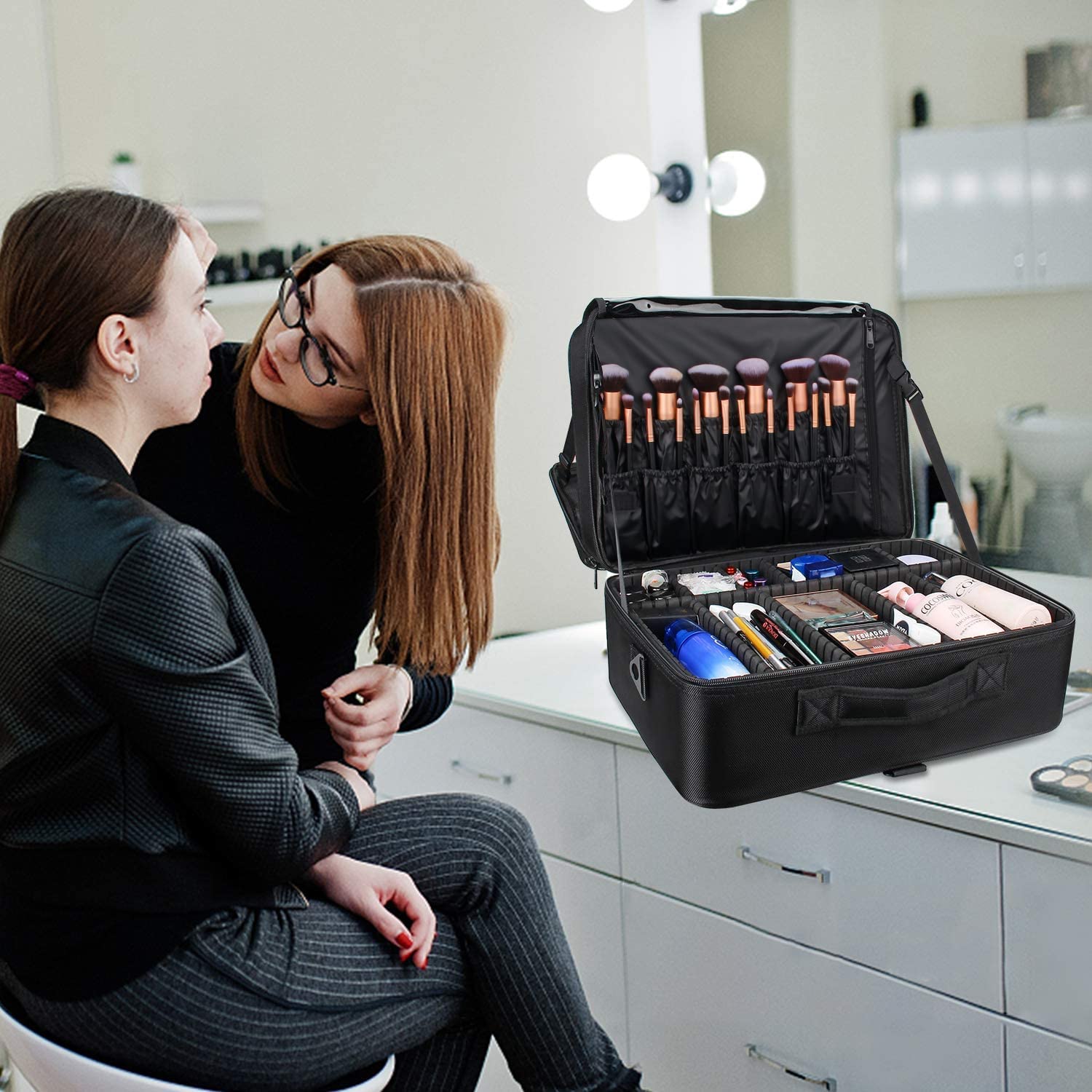 Extra-large Makeup Case, a Must for Double-layer Travel, a Storage Case for Professional Makeup Artists to Put Cosmetics, with Adjustable Partitions and Support