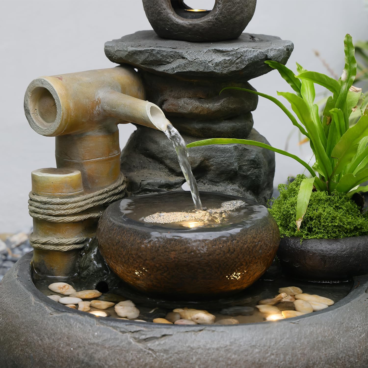 21" H Pagoda and Bamboo Outdoor&Indoor Outdoor Water Fountain, Natural Zen Decor Desian Outside Waterfall with LED Lights - Suitable for Garden/Patio/Yard/Deck/Balcony and Home Art Decor Resin