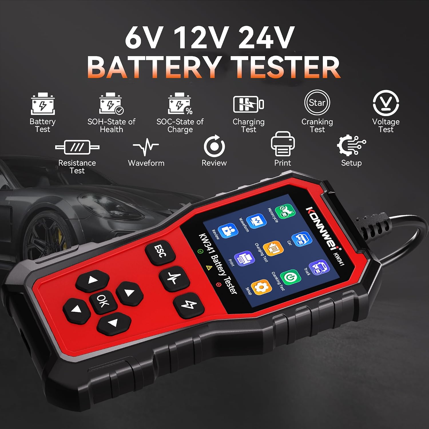 KONNWEI KW341 Car Battery Tester 6V 12V 24V Automotive Battery Load Tester Digital Battery Analyzer for Motorcycle Car Truck, Test SOH SOC CCA Resistance Voltage, Cranking Charging System Print