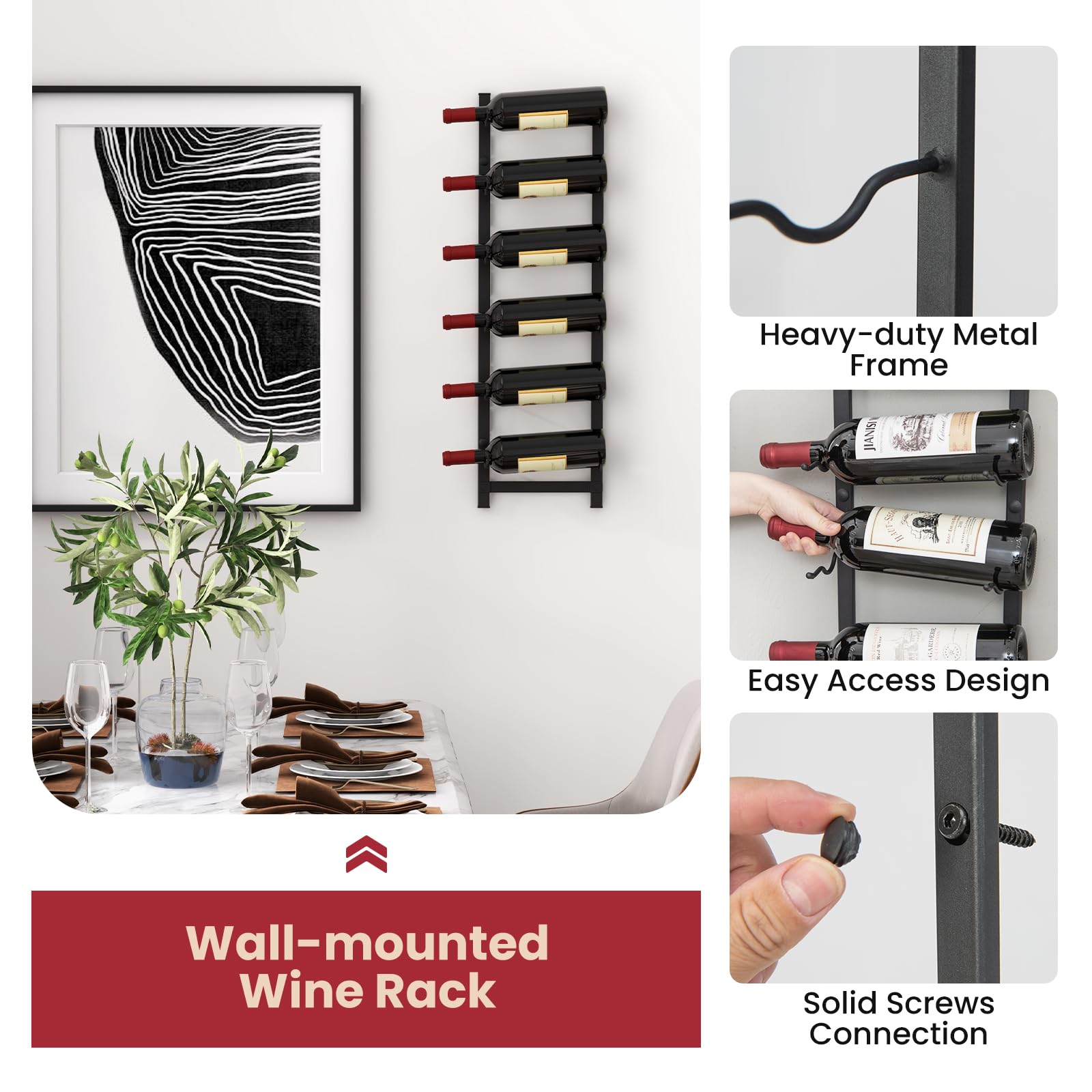 GOPLUS Botellero de Vino de Pared, Soporte de Metal para 6 Botellas, Estante Vertical Negro