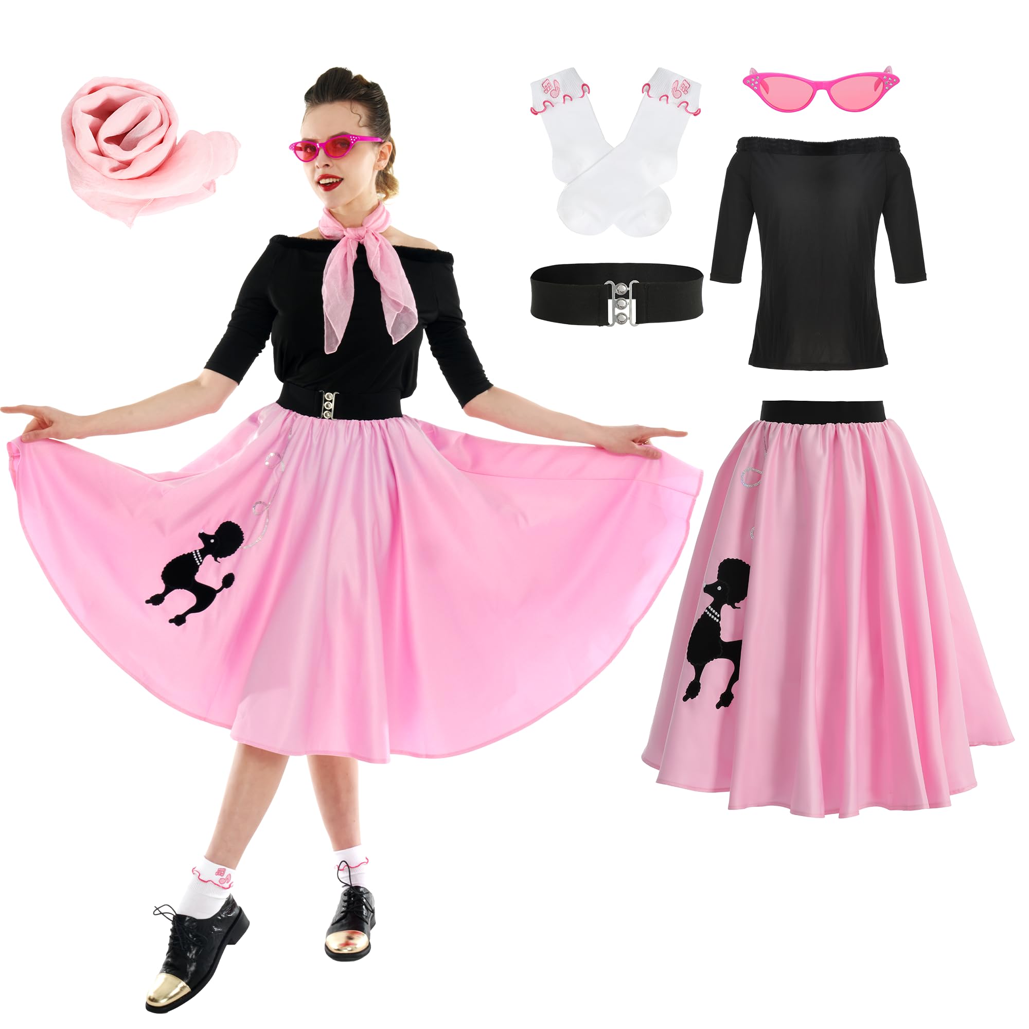 Leadtex Sock Hop Outfits Women, 1950s Poodle Skirts, Poodle T-Shirt with 50s Accessories Socks Scarf Belt Eye Glasses, Pink, Medium