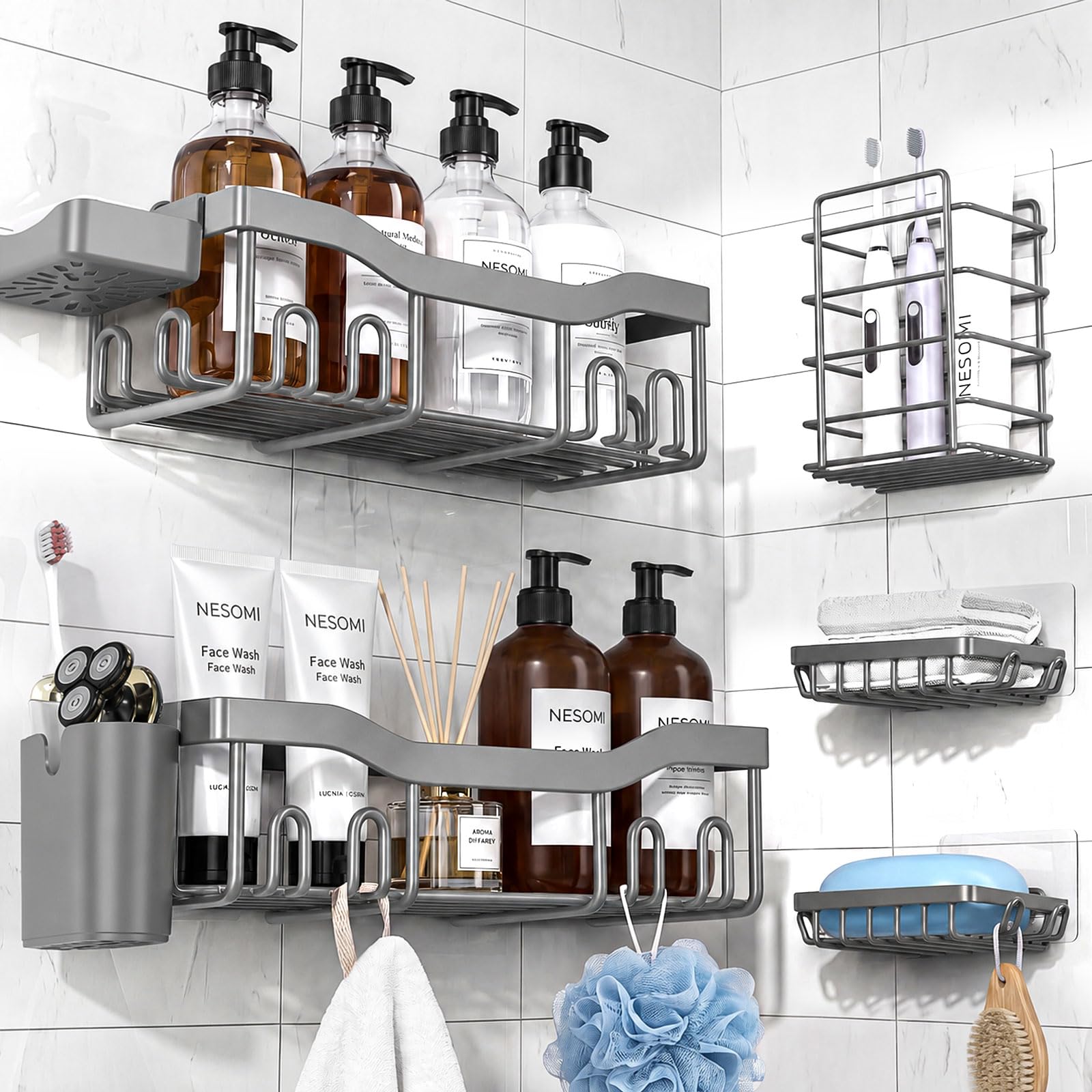 NESOMI Shower Caddy Adhesive Shower Organizer 7-Pack, Rustproof Stainless Steel Bathroom Shelves, Large Capacity No-Drill Rack Storage Accessories with Soap Dish Toothbrush Holder Hooks