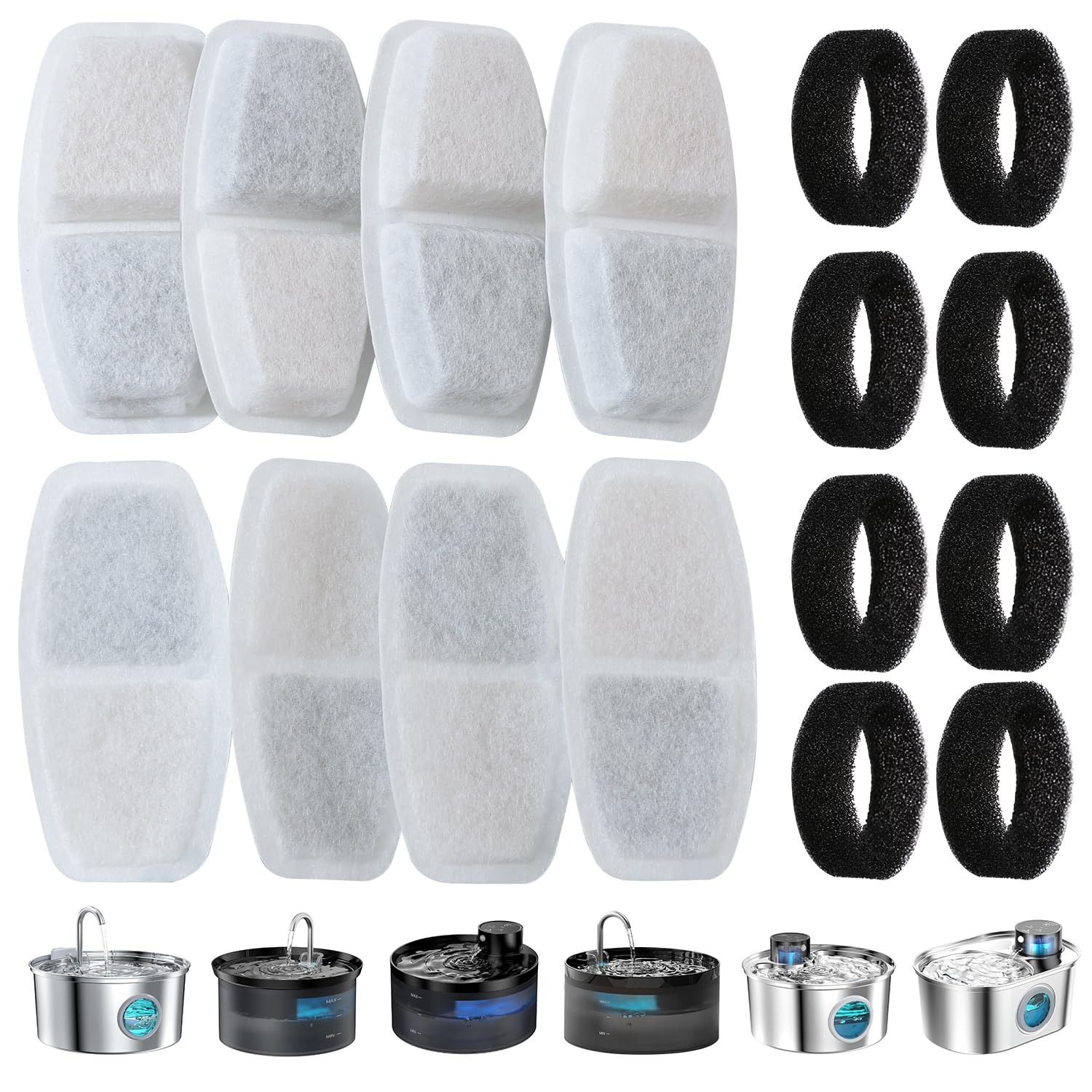 Zemiu Filtro Fontanella per Gatti 16 Pezzi, 8 Pezzi Filtro + 8 Pezzi di Spugna de Fontanella per Gatti Per Fontana Gatto 3.2L,2.5L (108oz,84oz) con Carbone Attivo e Resina-Tripla Filtrazion