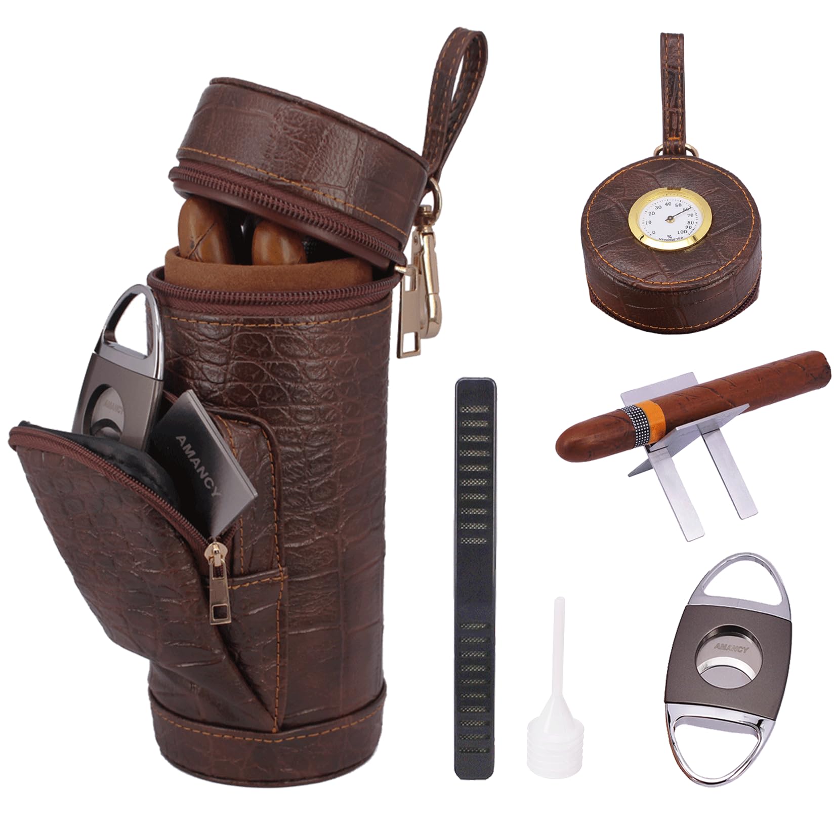 AMANCY Classy Cylindrical Hand Carry Cigar Case with Premium Cutter and Rest , Cedar Wood Lined Travel Cigar Holder Humidor kit with Built-In Hygrometer, Long Humidifier, and Dropper