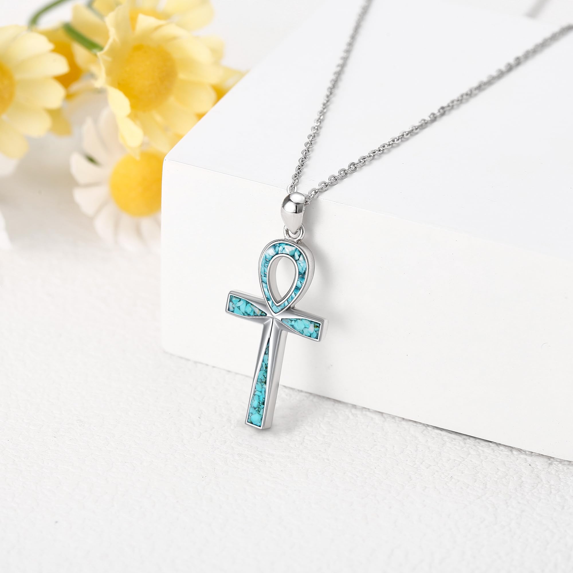 ONEFINITY Ankh Kreuz Kette Sterling Silber Türkis Ägyptisches Kreuz Anhänger Halskette Religiöser Schmuck Geschenke für Damen Herren