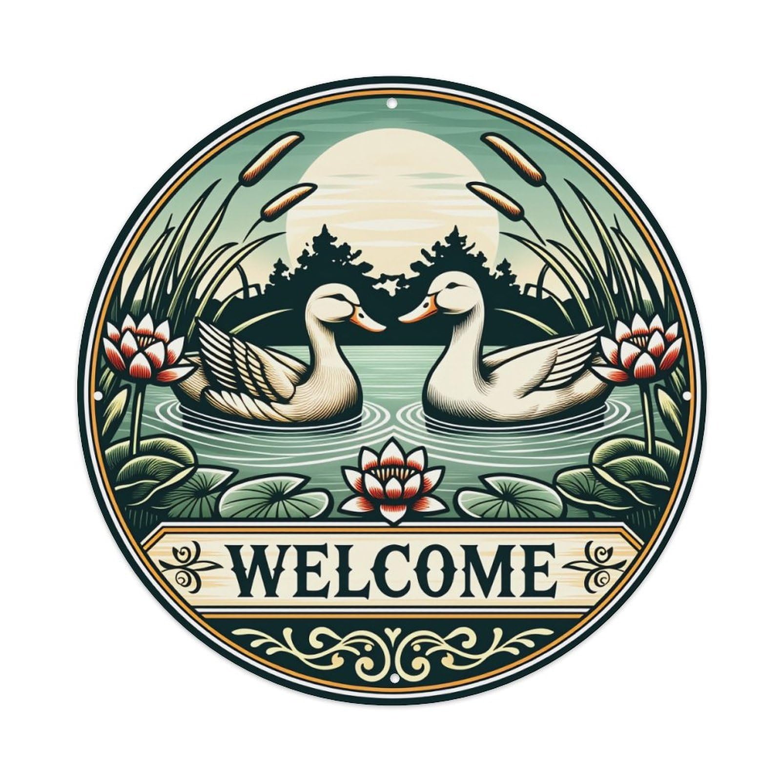 Duck Pond Water Lilies Welcome Vintage Metal Tin Sign Retro Wall Decor for Home Bar Garage Cafe, Indoor & Outdoor Decorative，circle Metal Poster, 8x8 Inch