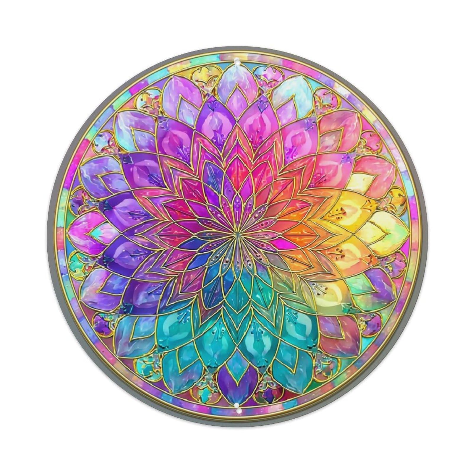 Colorful Mandala Stained Glass Pattern Vintage Metal Tin Sign Retro Wall Decor for Home Bar Garage Cafe, Indoor & Outdoor Decorative，circle Metal Poster, 8x8 Inch