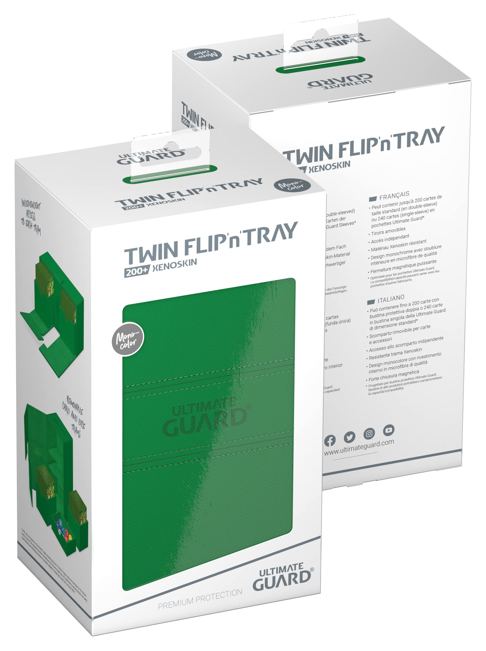 Ultimate Guard Twin Flip'n'Tray 200+, Deck Case per 200 carte TCG a doppia manica + vassoio per dadi, verde, chiusura magnetica indipendente e fodera interna in microfibra