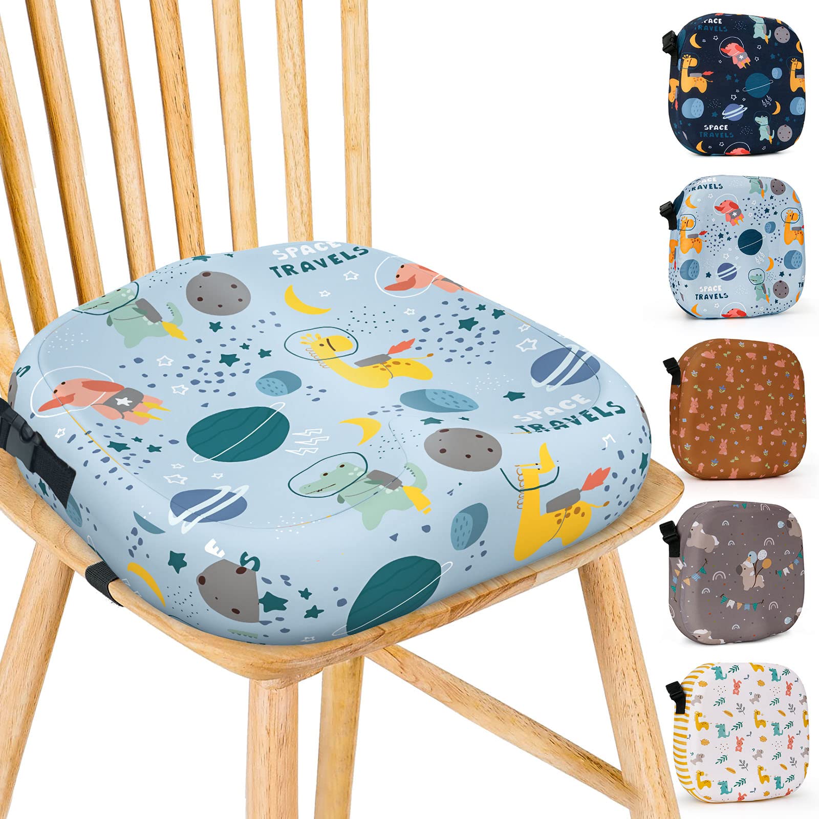 Photo 1 of Toddler Booster Seat for Dining Table, 4 inch Ergonomic Design Dining Chair Heightening Cushion Portable Dismountable Eating, Washable Kids Toddler Booster Cushion, Adjustable Elasticity Straps(Space)